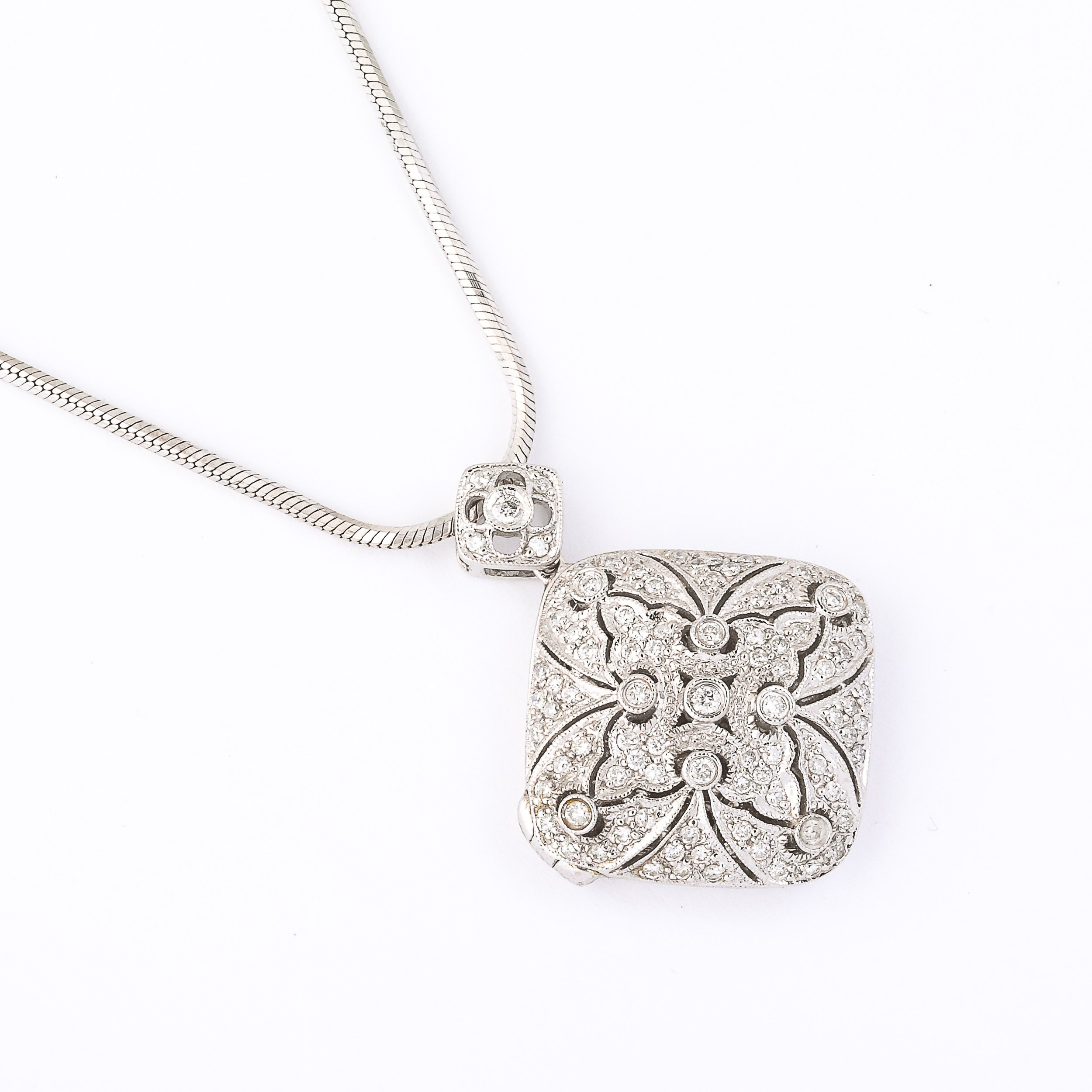 Edwardian Art Deco 14K White Gold & Pave Diamond Locket Pendant Necklace - High Style Deco 2.jpg