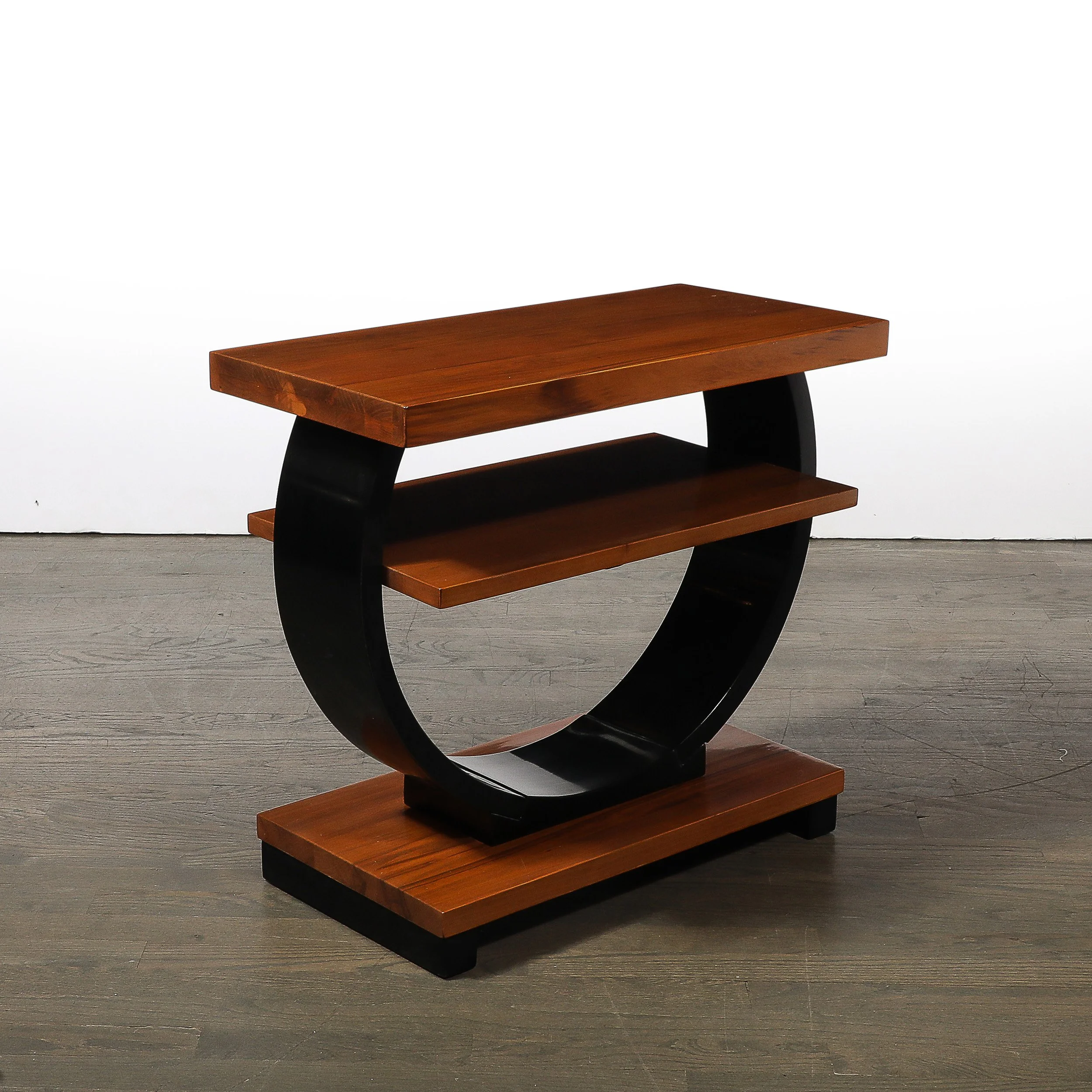 Pair of Art Deco Machine Age Two-Tier Side Tables in Walnut & Black Lacquer - High Style Deco 5.jpg
