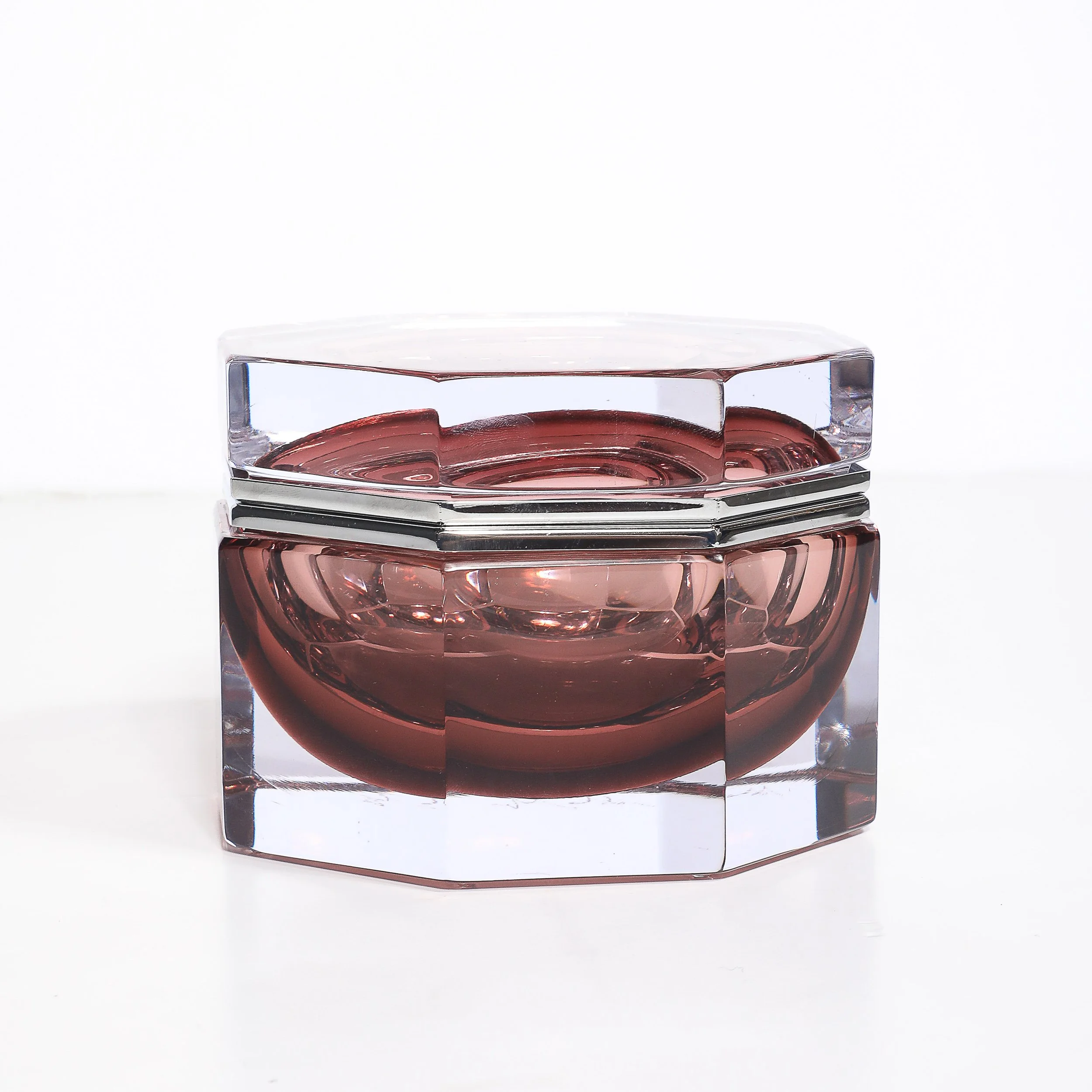 Modernist Octagonal Handblown Murano Glass Box in Smoked Ruby W: Polished Nickel - High Style Deco 3.jpg