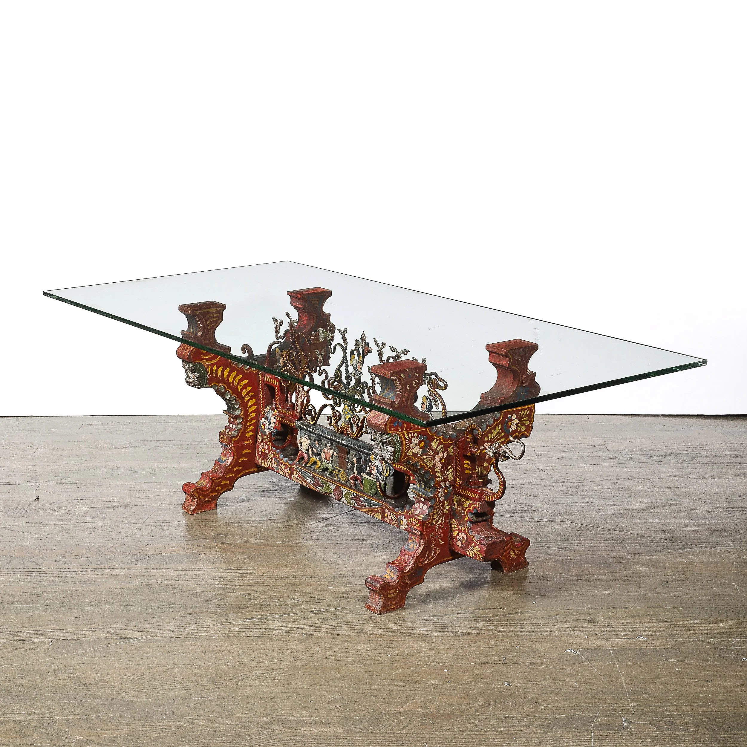 Arts and Crafts Sicilian Polychromed Wood & Iron Glass Top Donkey Cart Cocktail - High Style Deco 12.jpg