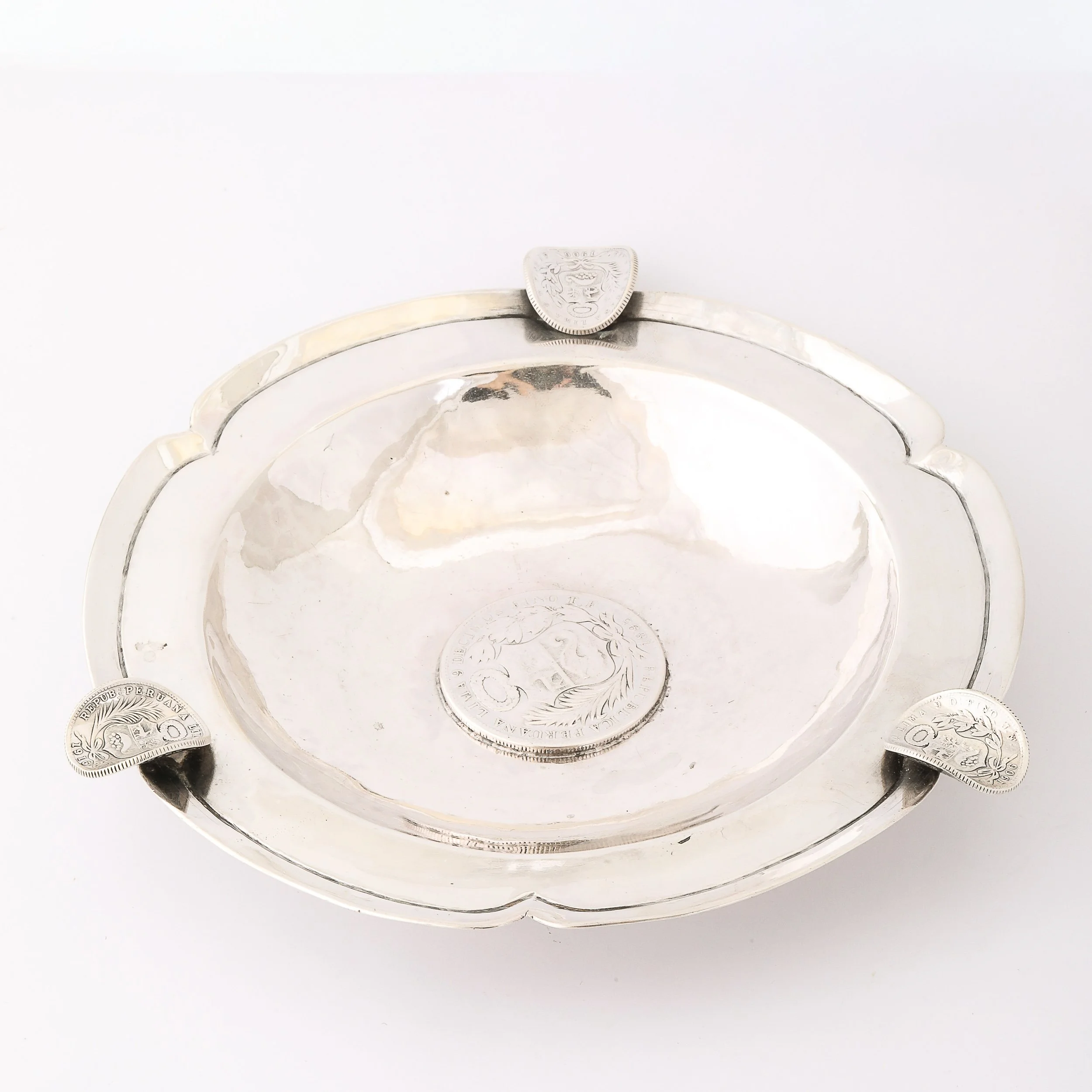Art Deco Hand-Hammered .900 Sterling Silver Ashtray with Sculptural Coins - High Style Deco 3.jpg