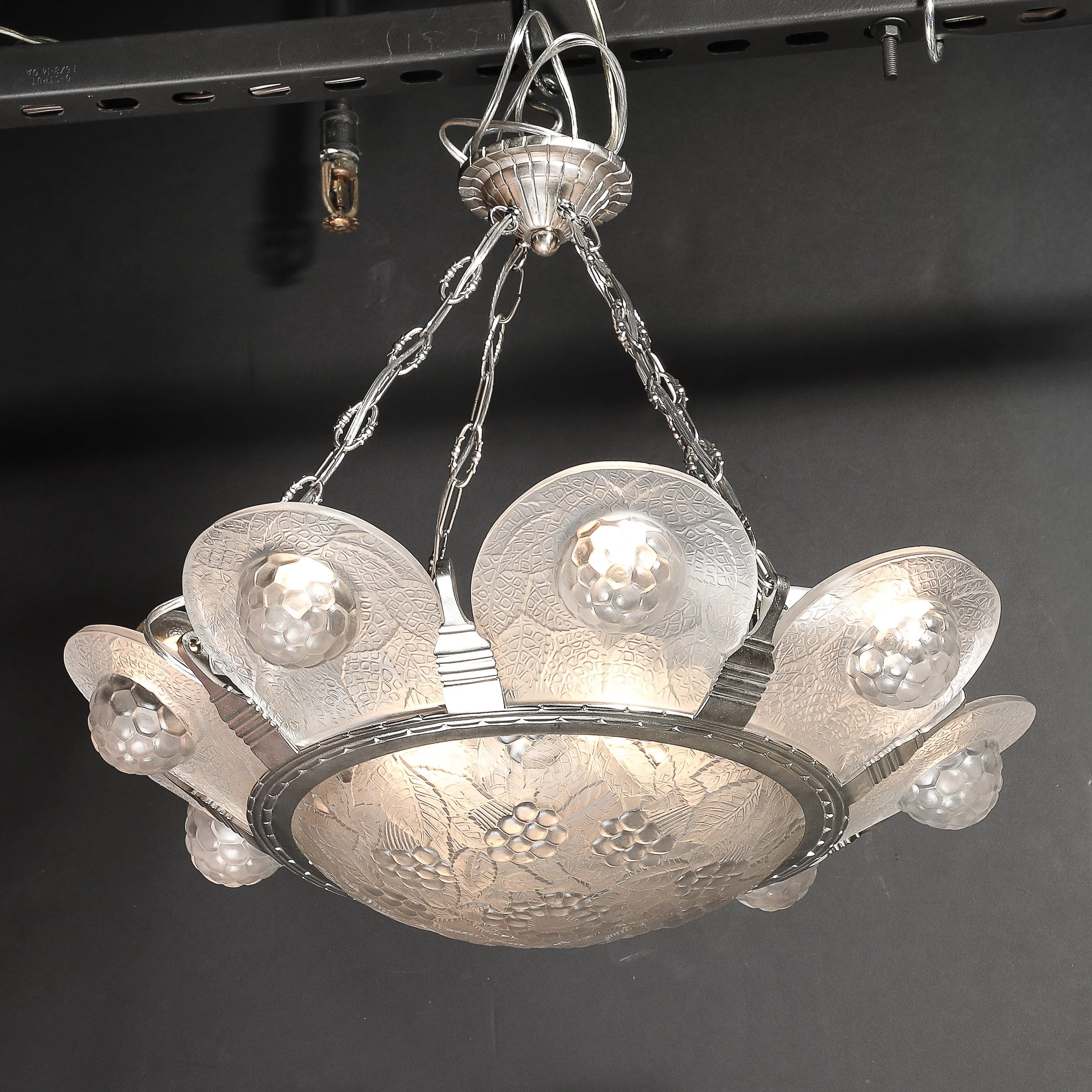 Art Deco Frosted Glass Chandelier with Grape Motif & Nickel Fittings - High Style Deco 24.jpg