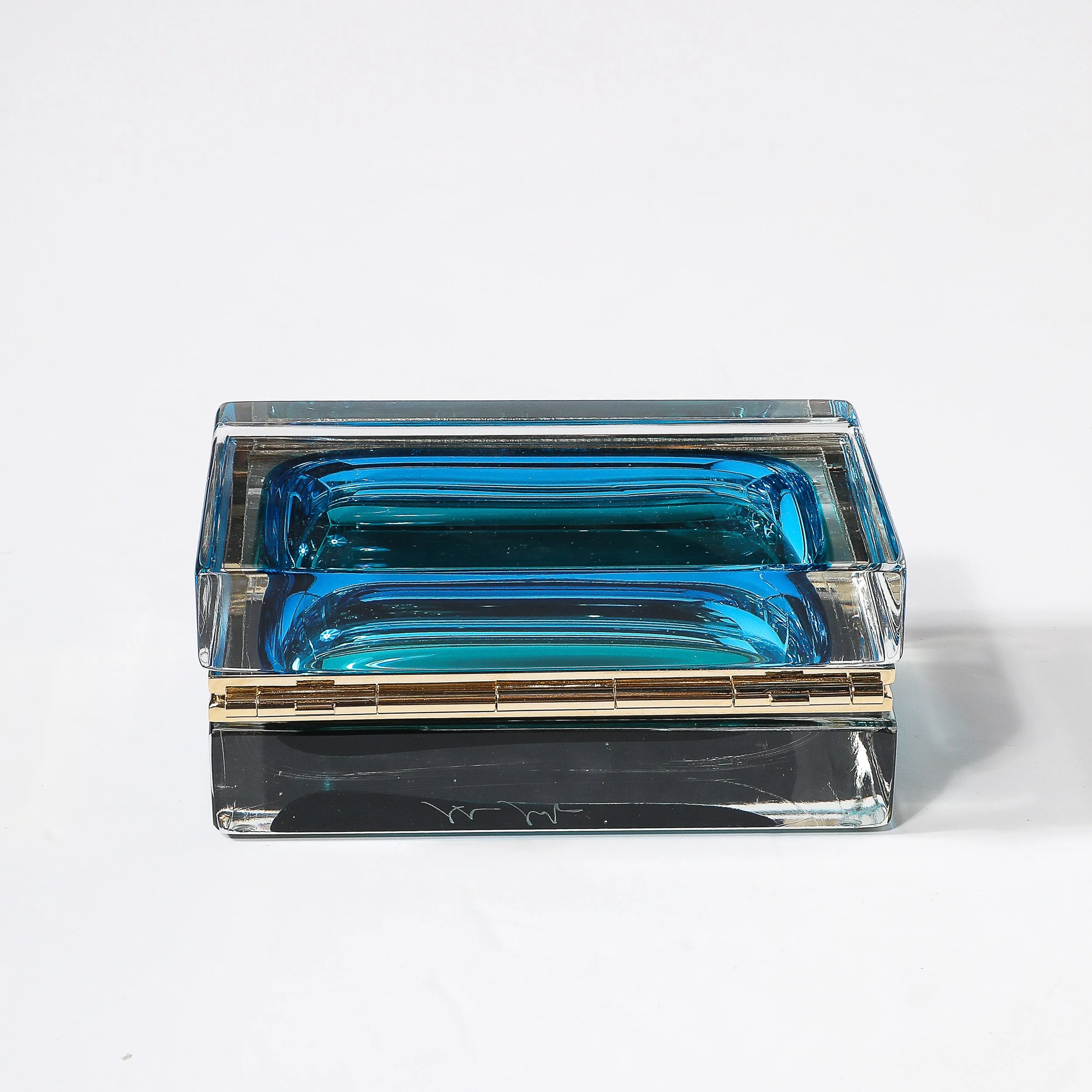 Modernist Hand-Blown Murano Glass Box in Ultramarine & Phthalo w: Polished Brass - High Style Deco 8.jpg