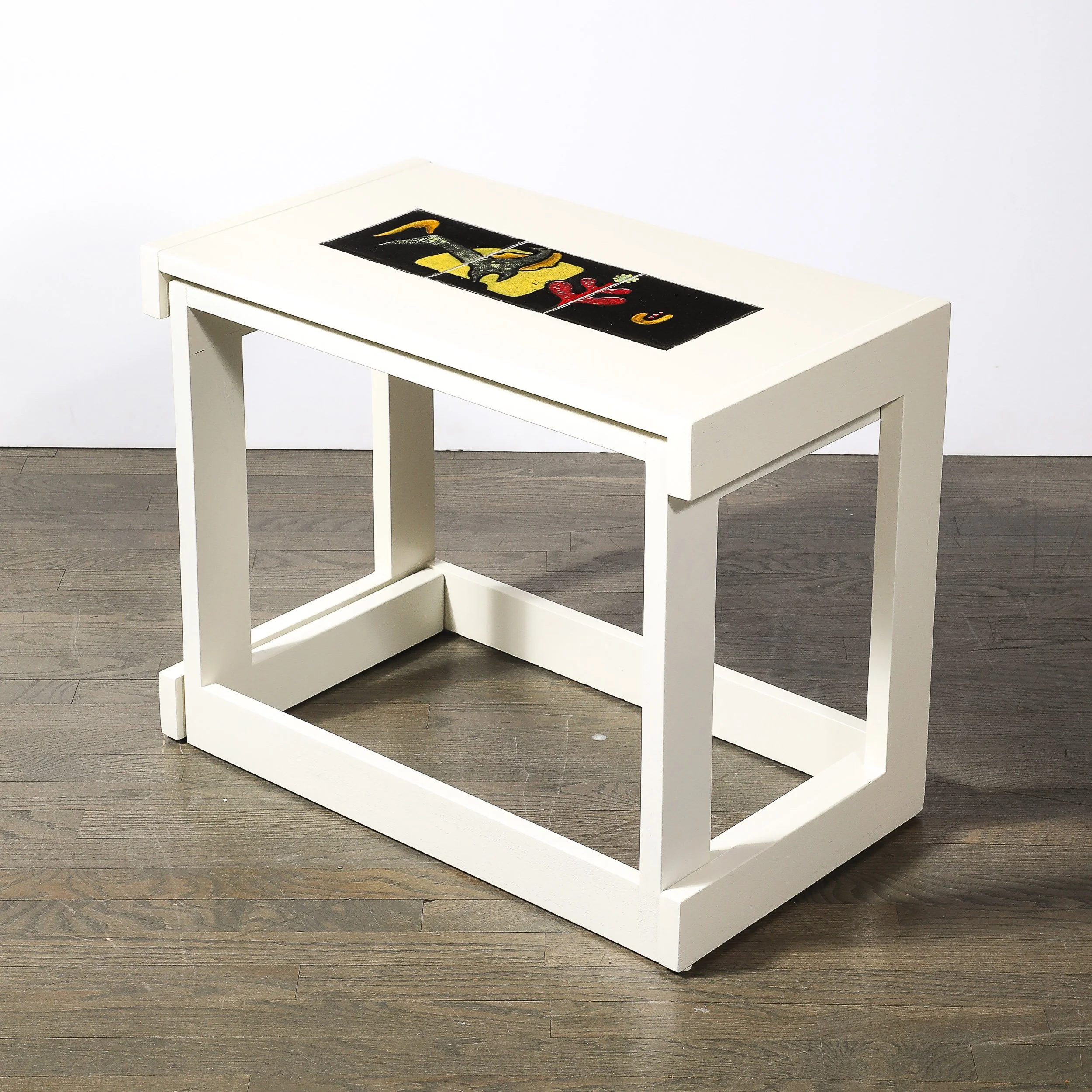 Pair of White Lacquer & Ceramic Tile Vladimir Kagan Rectilinear Oak Side Tables - High Style Deco 11.jpg