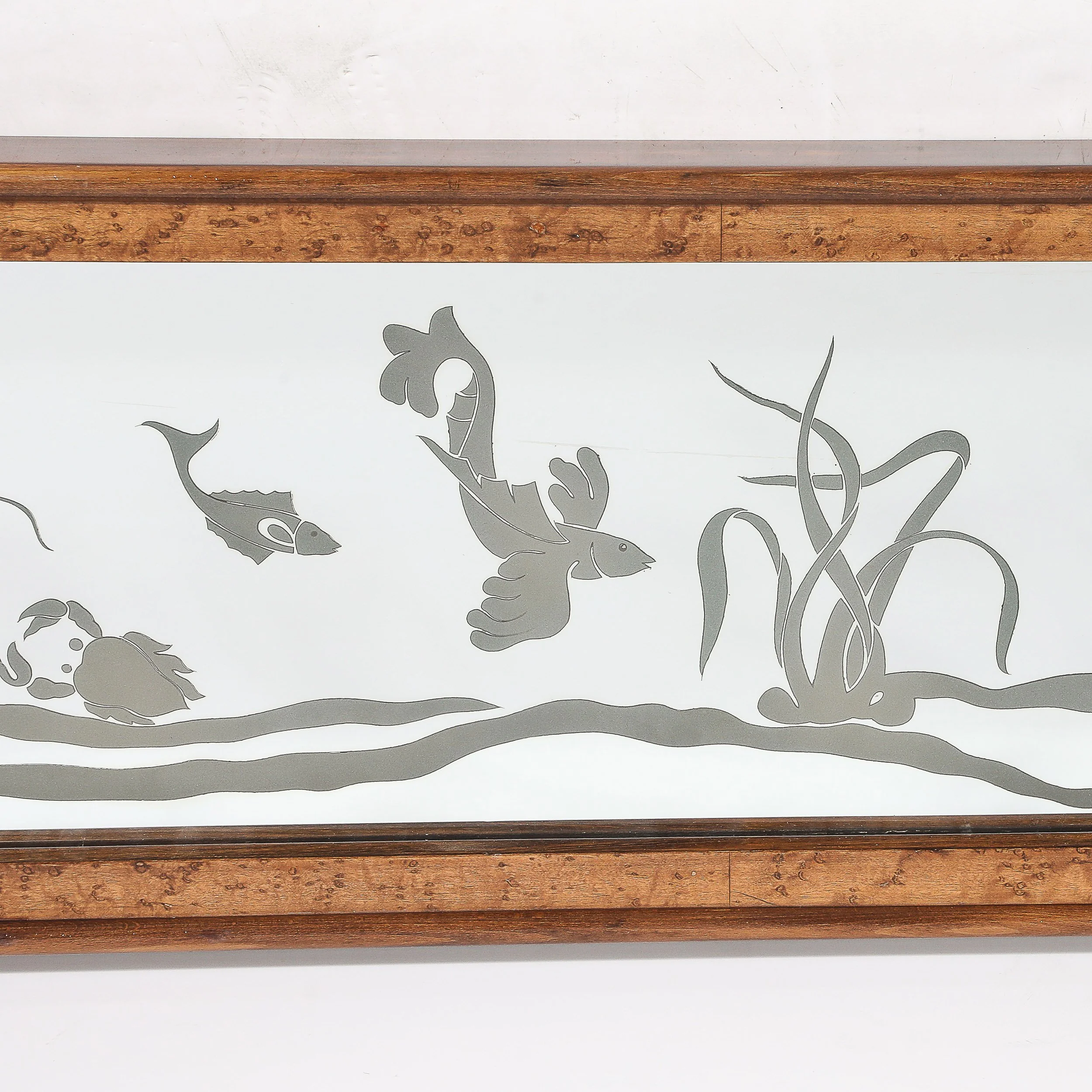 Mid-Century Burled Walnut Bordered Mirror W: Graphic Acid Etched Oceanic Motif - High Style Deco 4.jpg