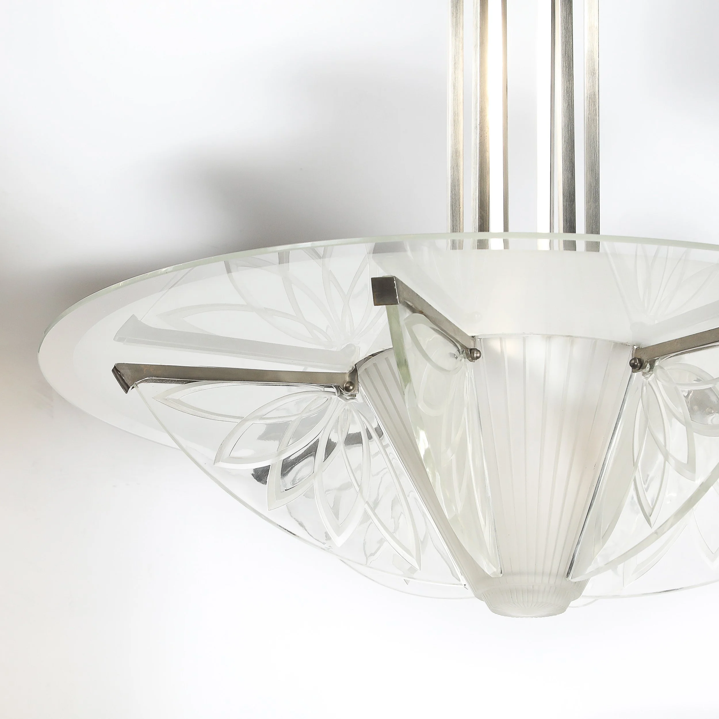 Art Deco Machine Age Frosted, Etched Glass & Nickel Chandelier by Pierre D'Avsen - High Style Deco 18.jpg
