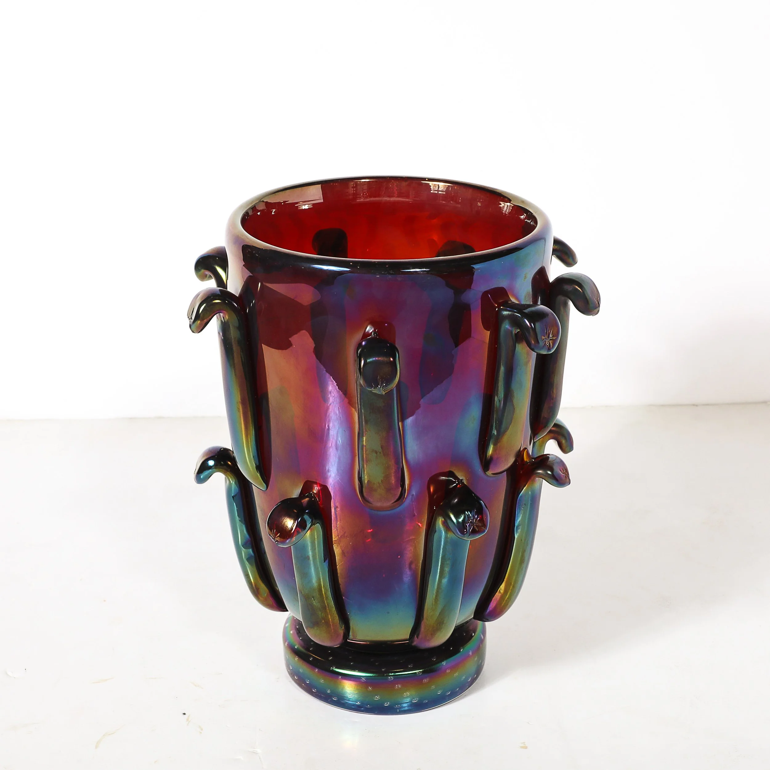 Mid-Century Hand-Blown Murano Iridescent & Ruby Glass Vases w: Petal Detailing - High Style Deco 9.jpg