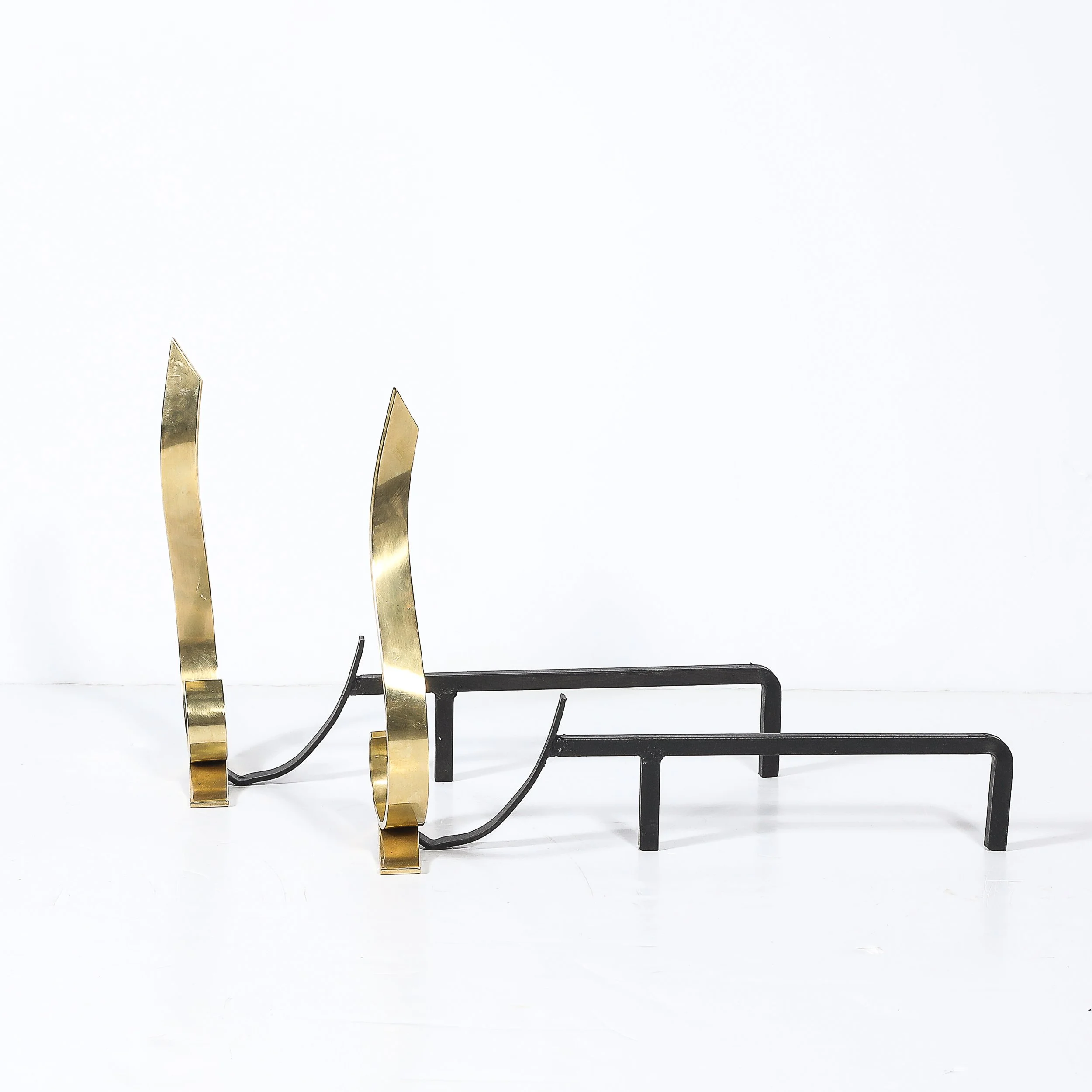 Pair of Mid-Century Curvilinear Polished Brass Andirons with Gunmetal Fittings - High Style Deco 6.jpg