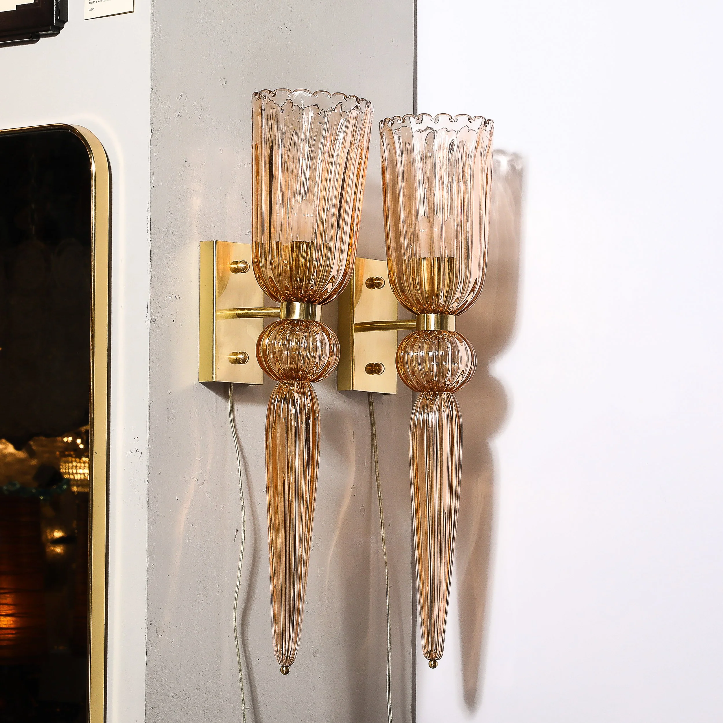 Modernist Rose Hand-Blown Murano Glass & Brass Sconces with Elongated Drop - High Style Deco 6.jpg