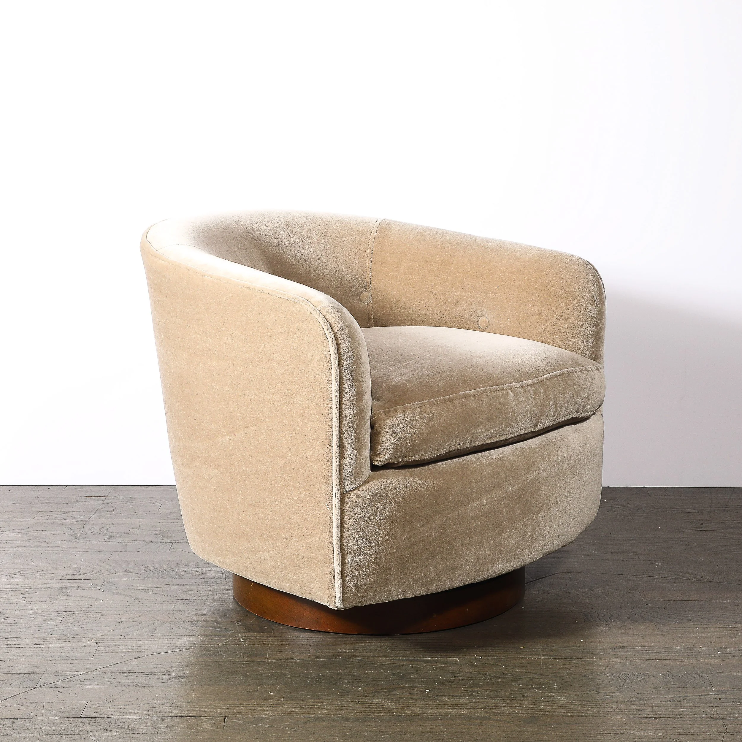 Mid-Century Swivel Club Chairs in Taupe Velvet W: Walnut Bases by Milo Baughman - High Style Deco 7.jpg