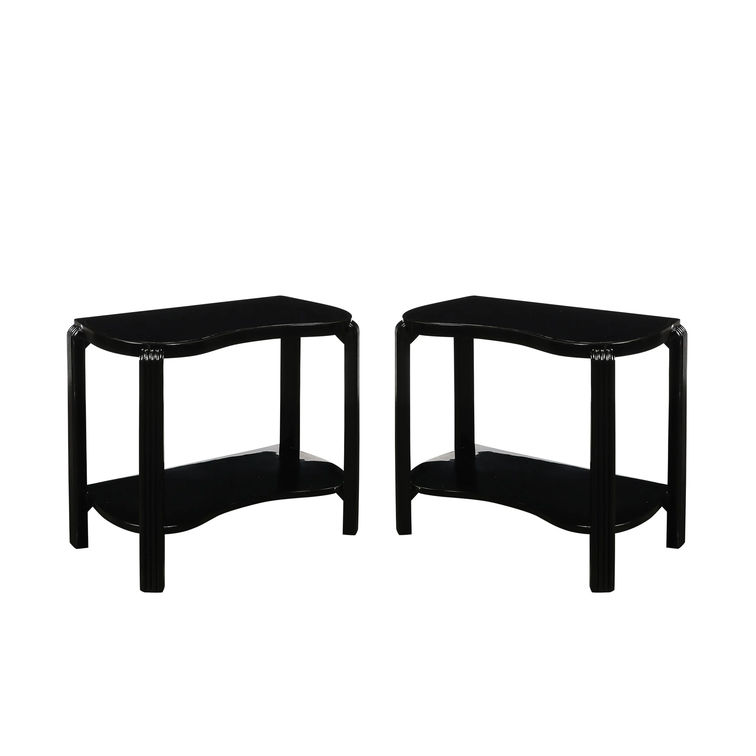 Pair of Art Deco Machine Age Black Lacquer Side Tables with Inset Vitrolite Tops