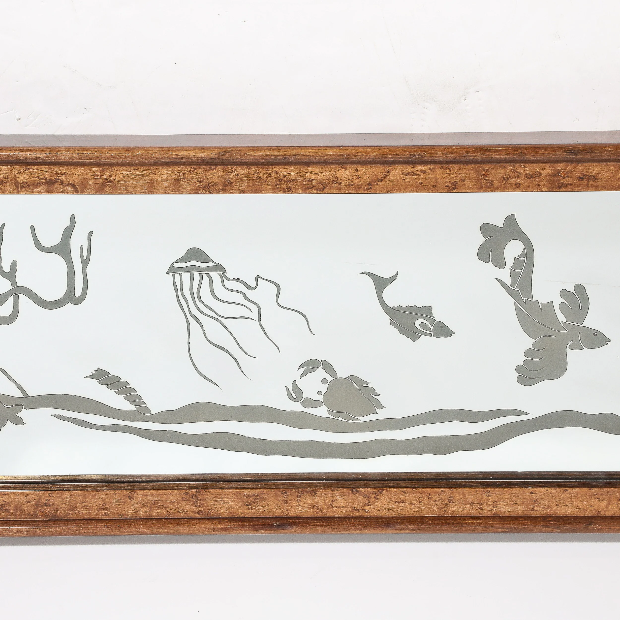 Mid-Century Burled Walnut Bordered Mirror W: Graphic Acid Etched Oceanic Motif - High Style Deco 3.jpg