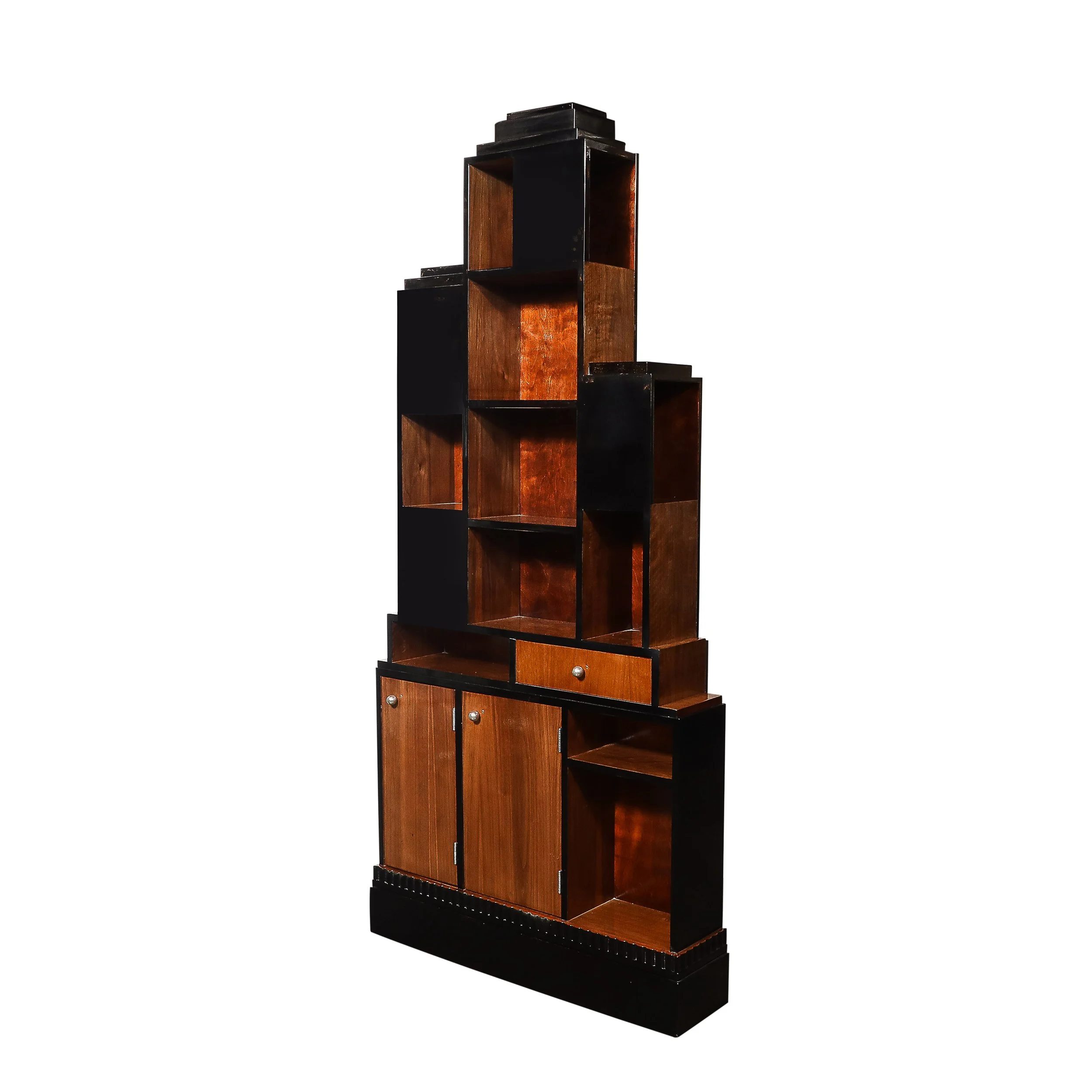 Art Deco Walnut & Black Lacquer Skyscraper Style Bookshelf with Chrome Pulls - High Style Deco 4.jpg