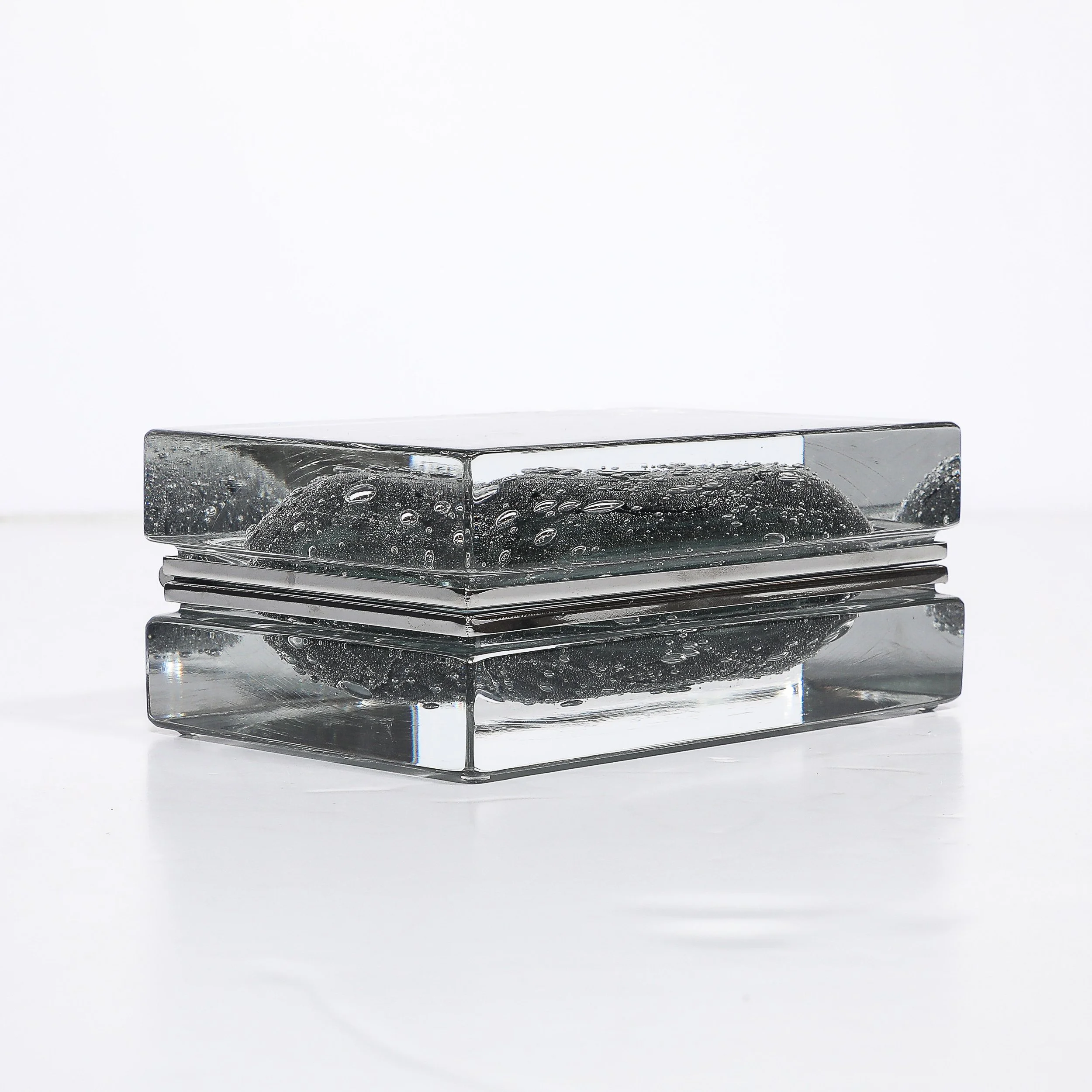 Modernist Handblown Murano Glass Box in Sage Grey W: Pulegoso Detailing & Nickel - High Style Deco 2.jpg