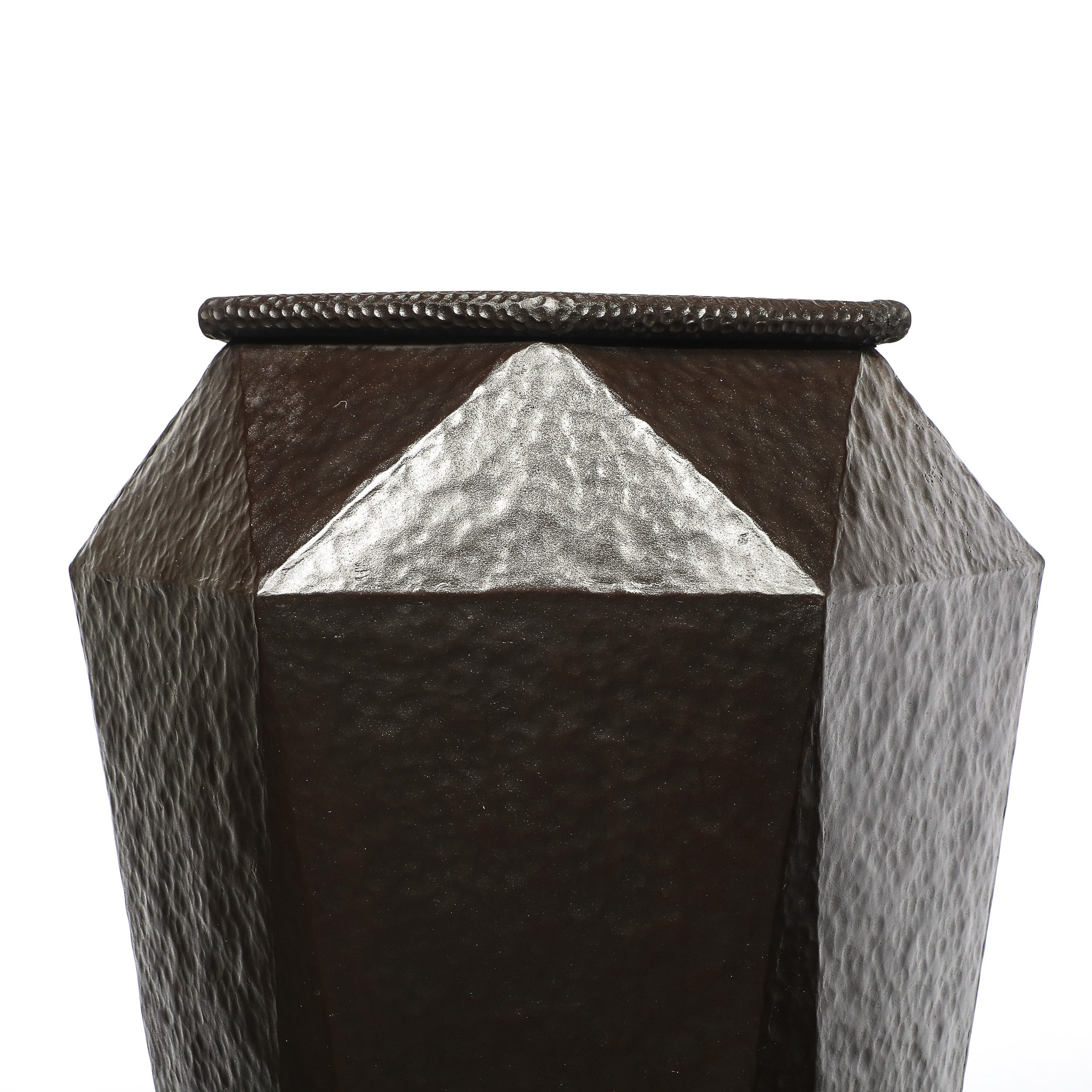 Modernist Geometric Faceted Hand-Hammered Wrought Iron Vases in Bronze Finish - High Style Deco 16.jpg