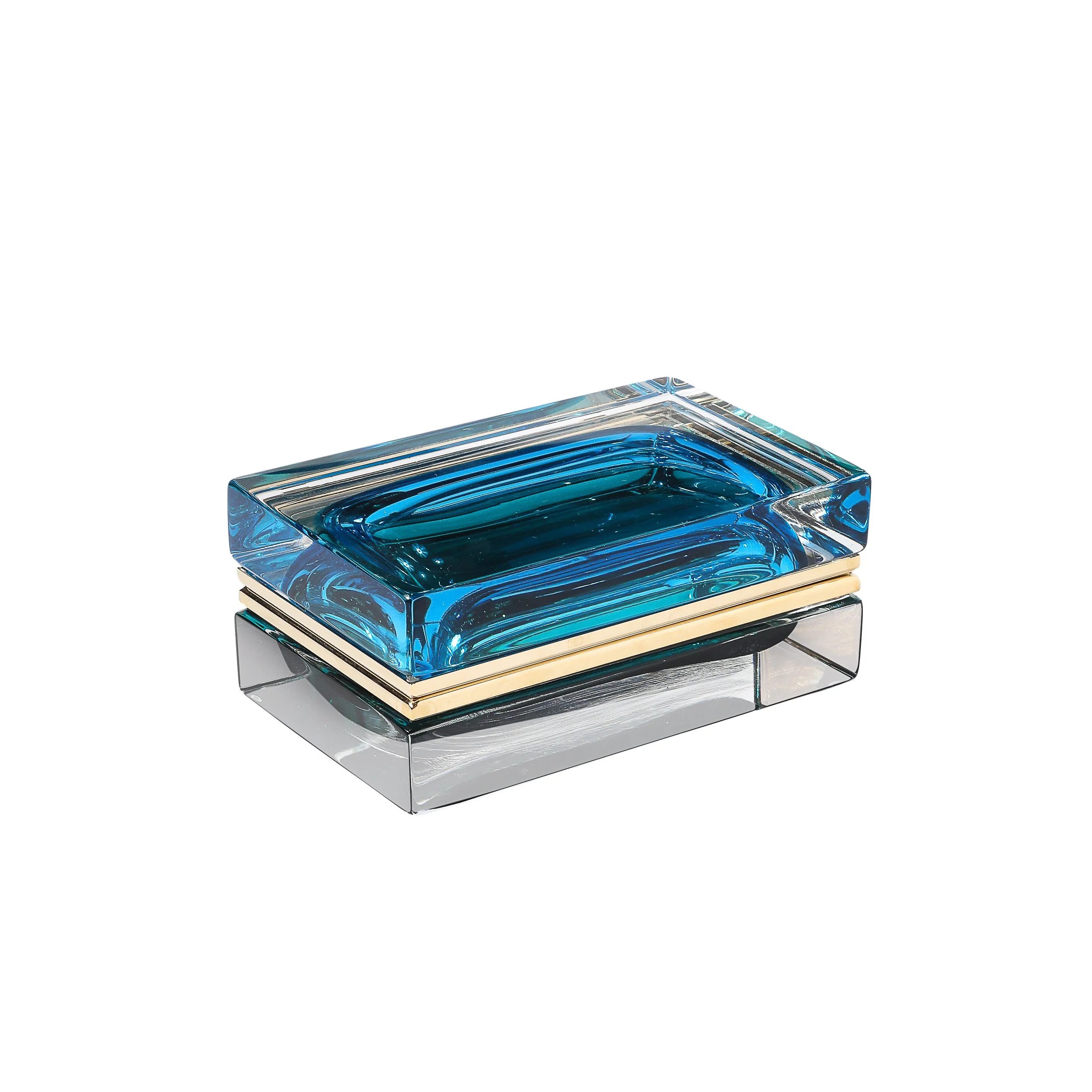 Modernist Hand-Blown Murano Glass Box in Ultramarine & Phthalo w: Polished Brass - High Style Deco.jpg