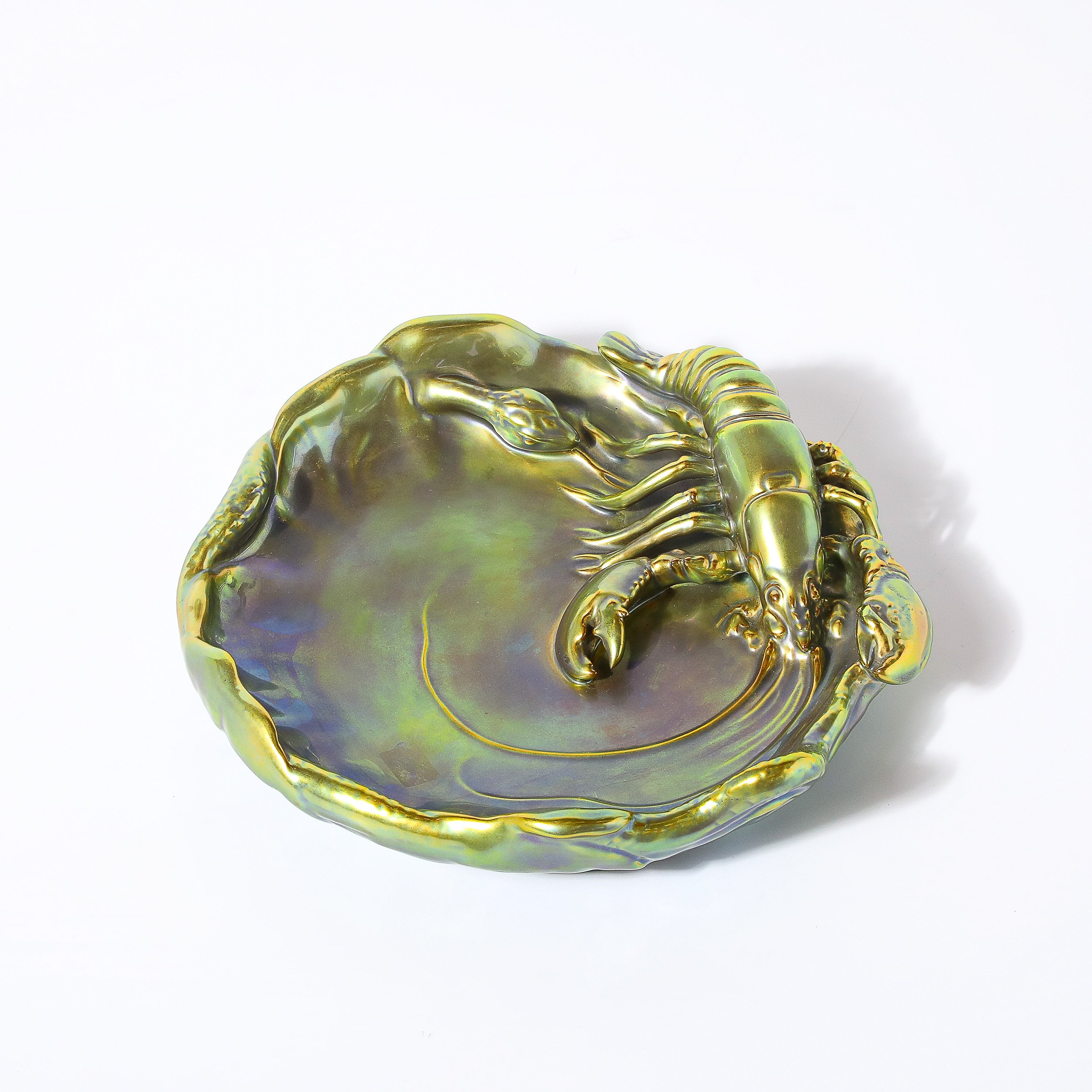 Zsolnay Hungary Eosin Iridescent Green Gold Lobster & Snake Hand Painted Dish - High Style Deco 6.jpg