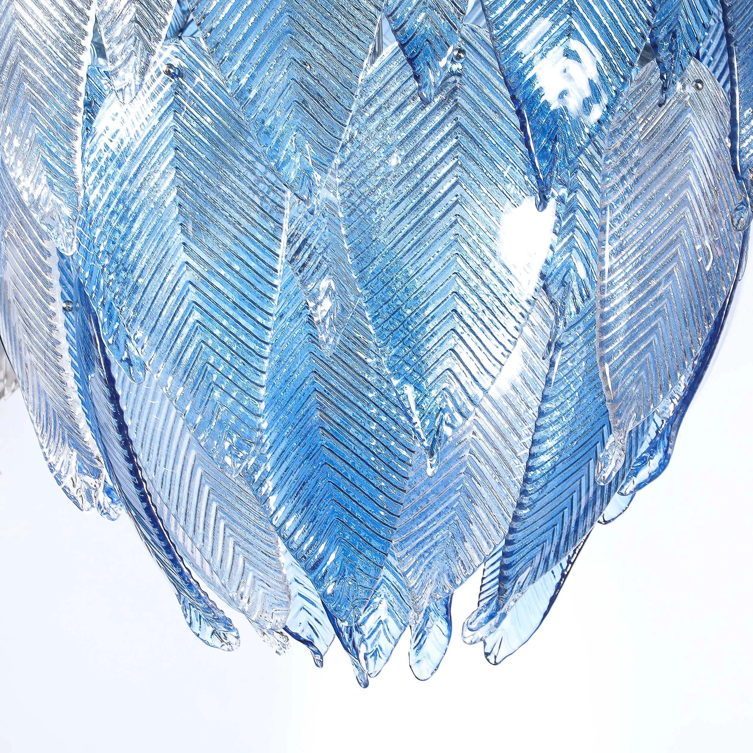 Modernist Hand-Blown Reeded Blue & Clear Murano Glass Leaf Chandelier w: Chrome - High Style Deco 13.jpg