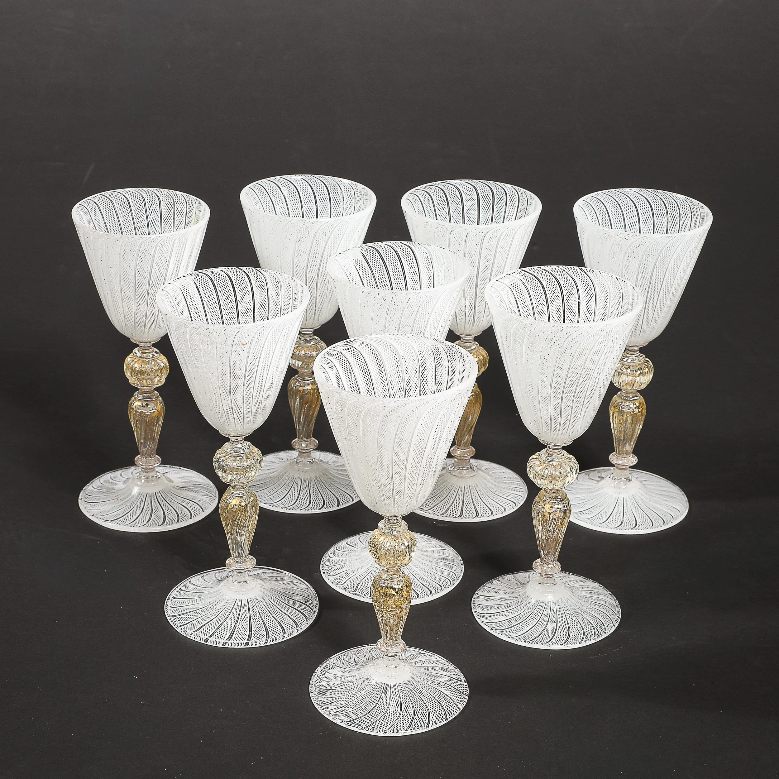 Set of 8 Antique Hand-Blown Latticino Murano Wine Glasses W:24K Gold by Salviati - High Style Deco 18.jpg