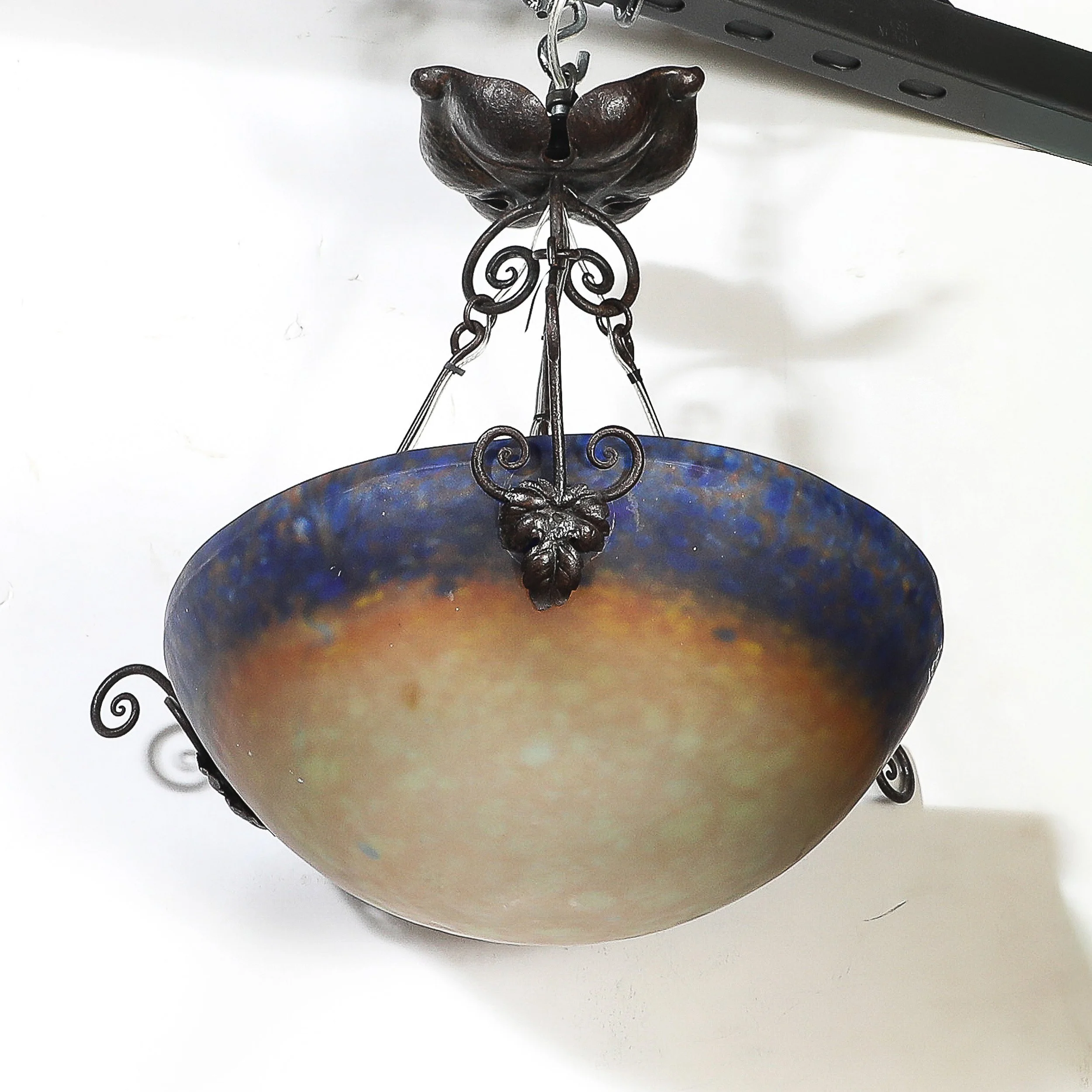 Art Deco Pâte de Verre Blue & Smoked Honey Glass Chandelier w: Leaf Form Fitting - High Style Deco 12.jpg