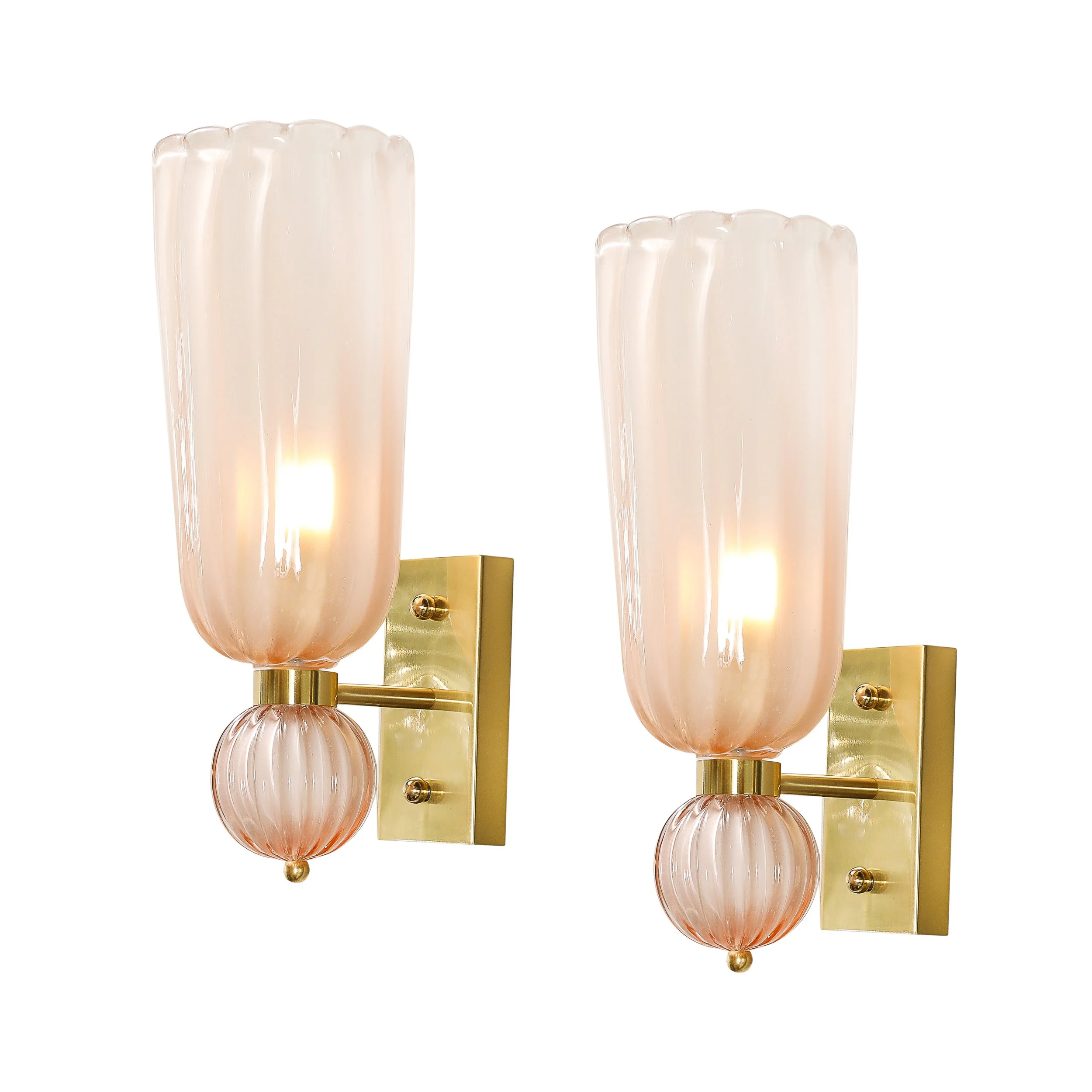 Modernist Hand-Blown Fluted Murano Glass Sconces w: Orbital Drop in Frosted Rose - High Style Deco.jpg