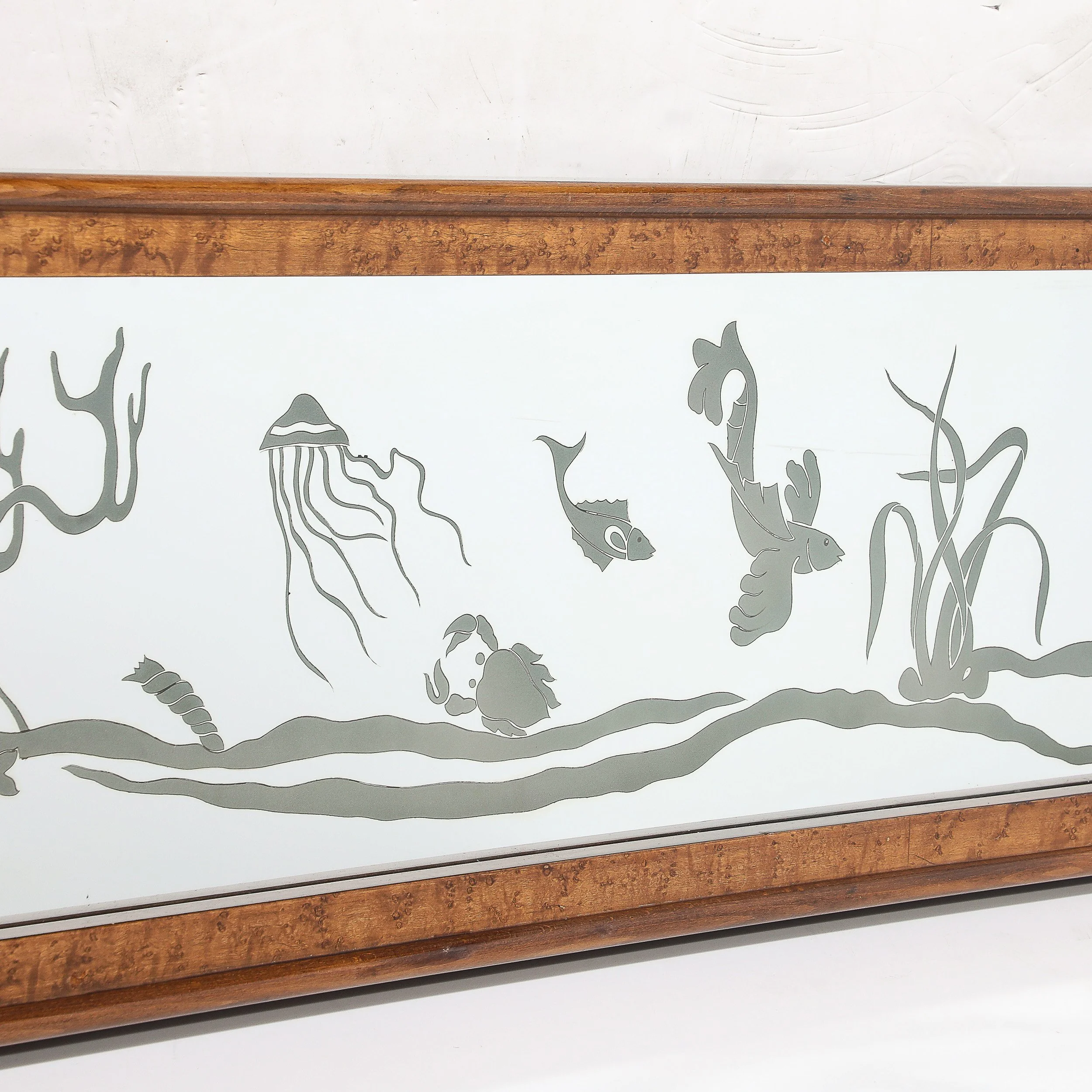 Mid-Century Burled Walnut Bordered Mirror W: Graphic Acid Etched Oceanic Motif - High Style Deco 7.jpg