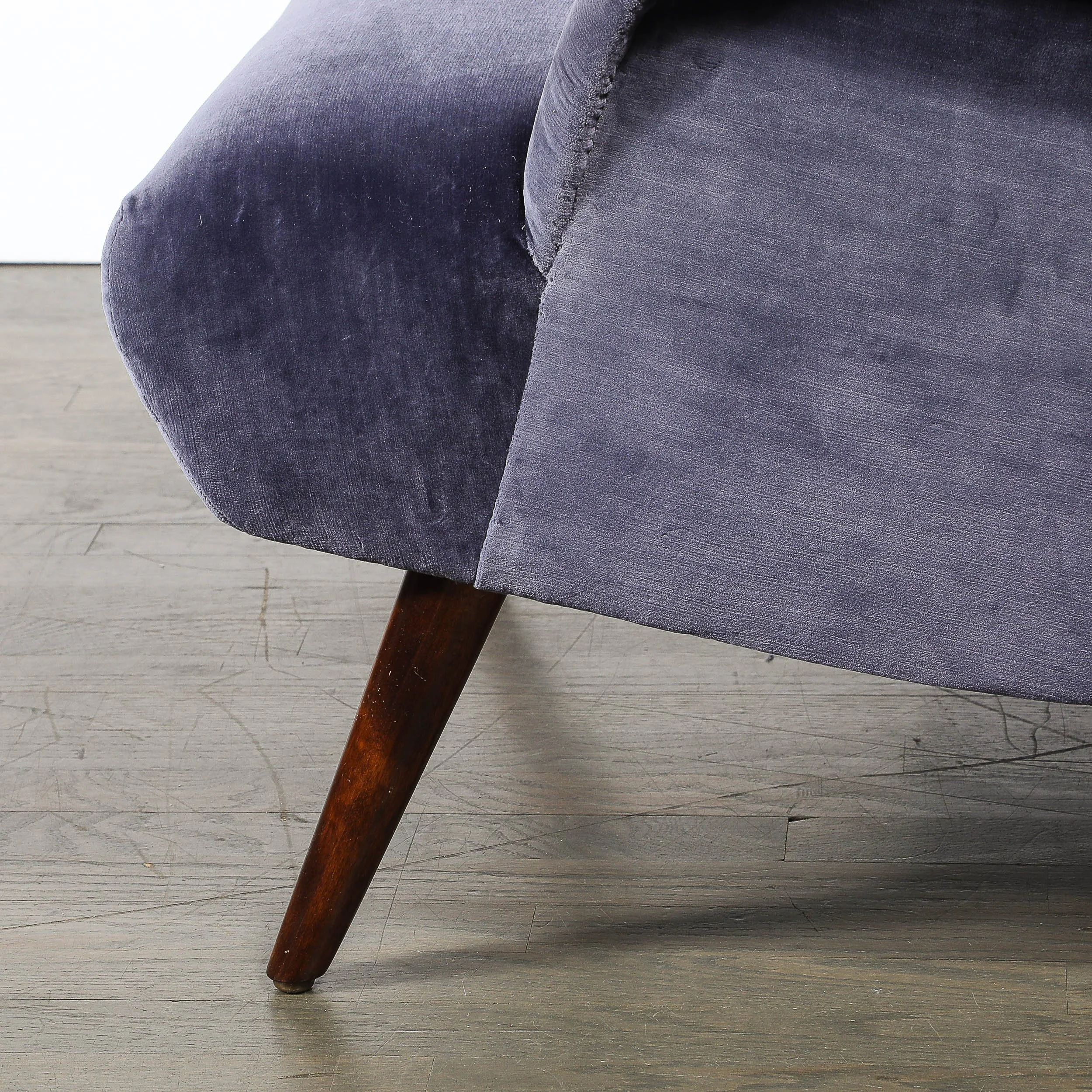 Mid-Century Lounge Chair & Ottoman in Aubergine Velvet & Tapered Walnut Supports - High Style Deco 6.jpg