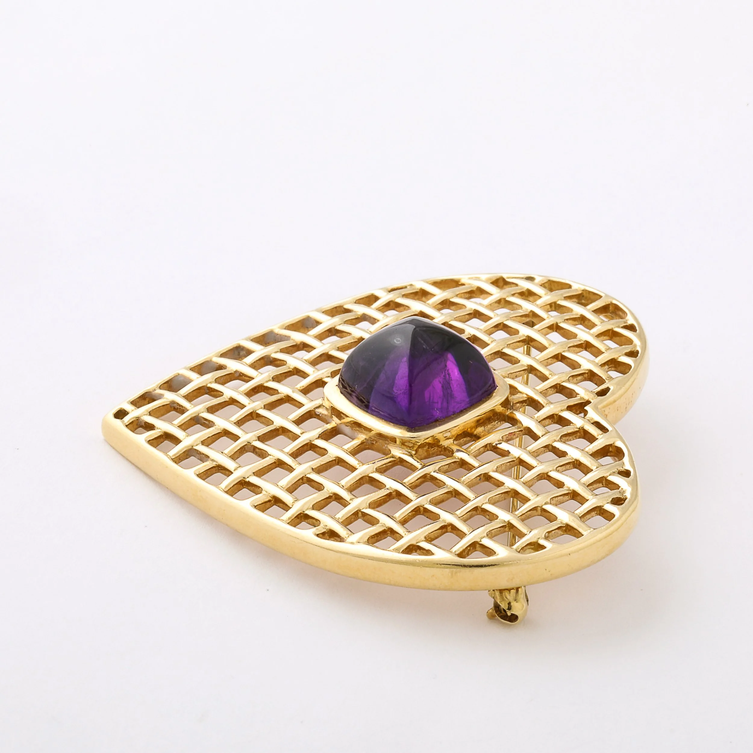 Retro 18K Gold Heart Form Woven Lacticework Brooch w: Cabachon by Tiffany & Co. - High Style Deco 7.jpg