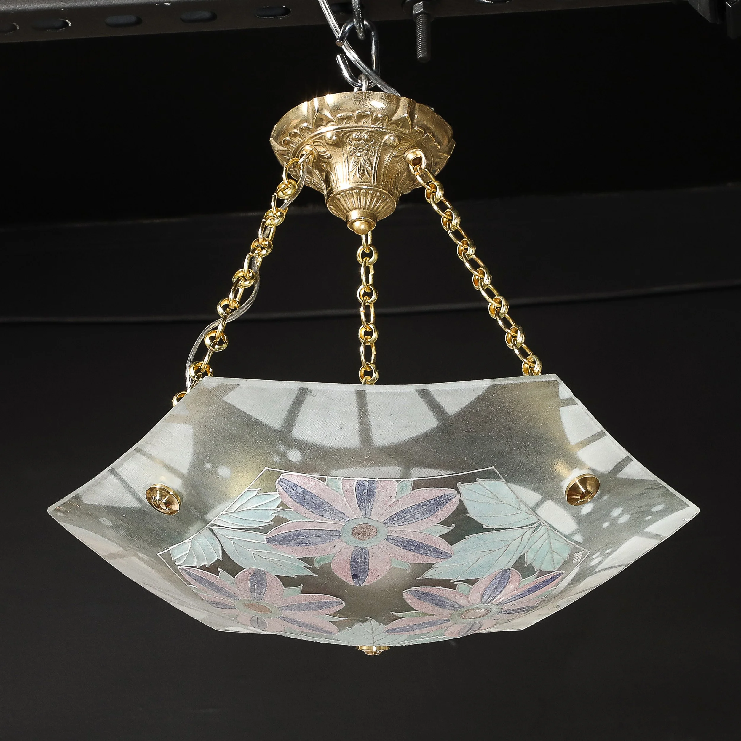 Art Deco Hexagonal Frosted & Pressed Glass Pendant w: Floral Details signed BHV - High Style Deco 11.jpg