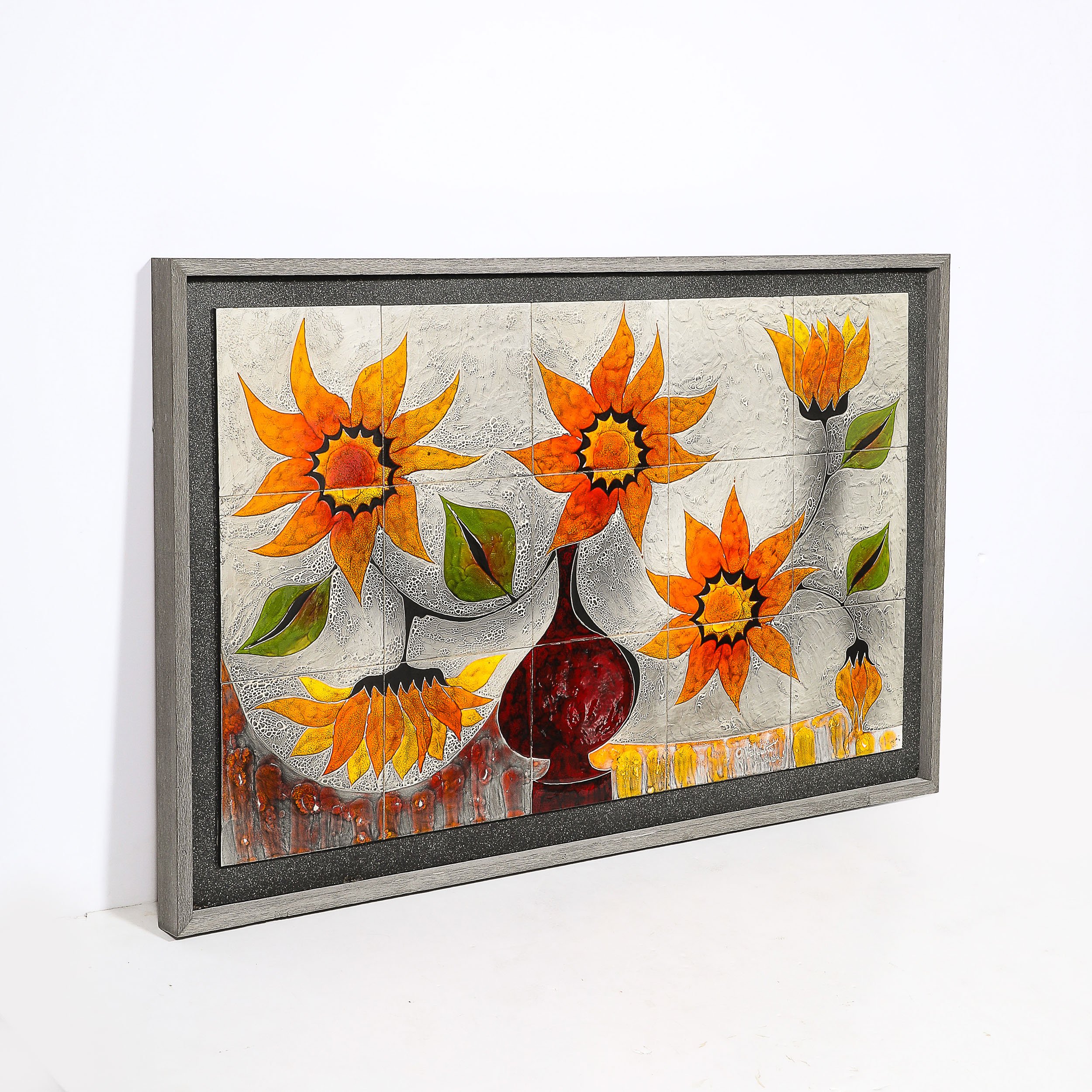 Modernist Ceramic Tile Wall Plaque of Sunflowers Signed Gilbert Valentin - High Style Deco 15.jpg