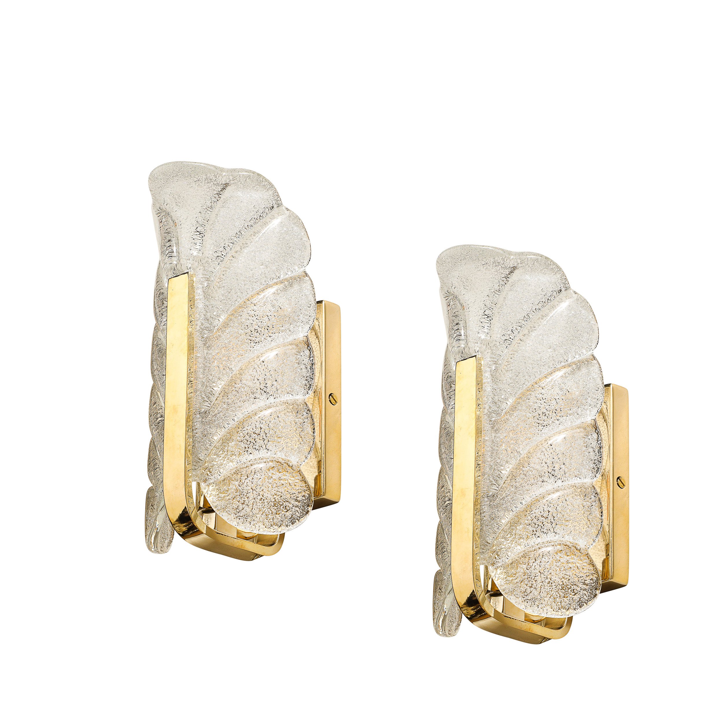 Mid-Century Mottled Glass & Brass Leaf Sconces by Carl Fagerlund for Orrefors