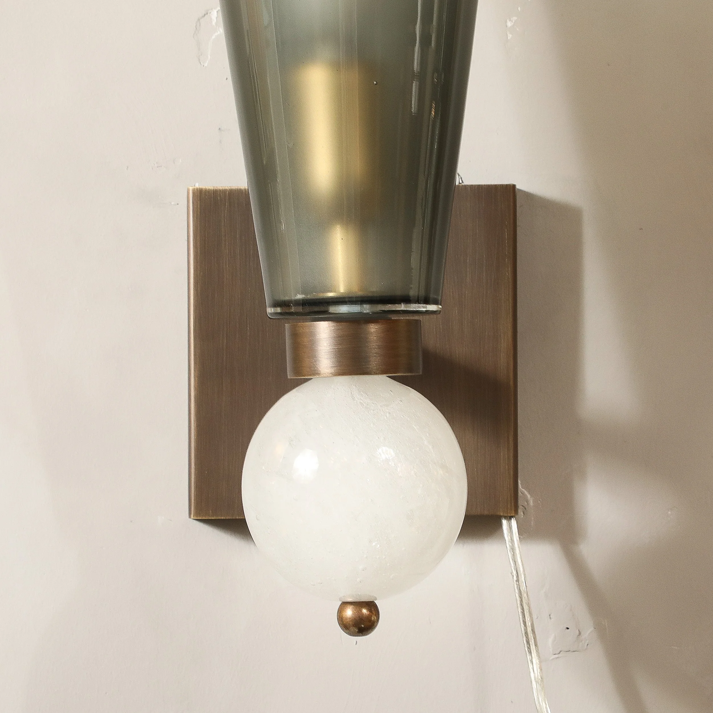 Modernist Hand-Blown Smoked Gray Murano Glass Conical Sconces with Orbital Drop - High Style Deco 2.jpg