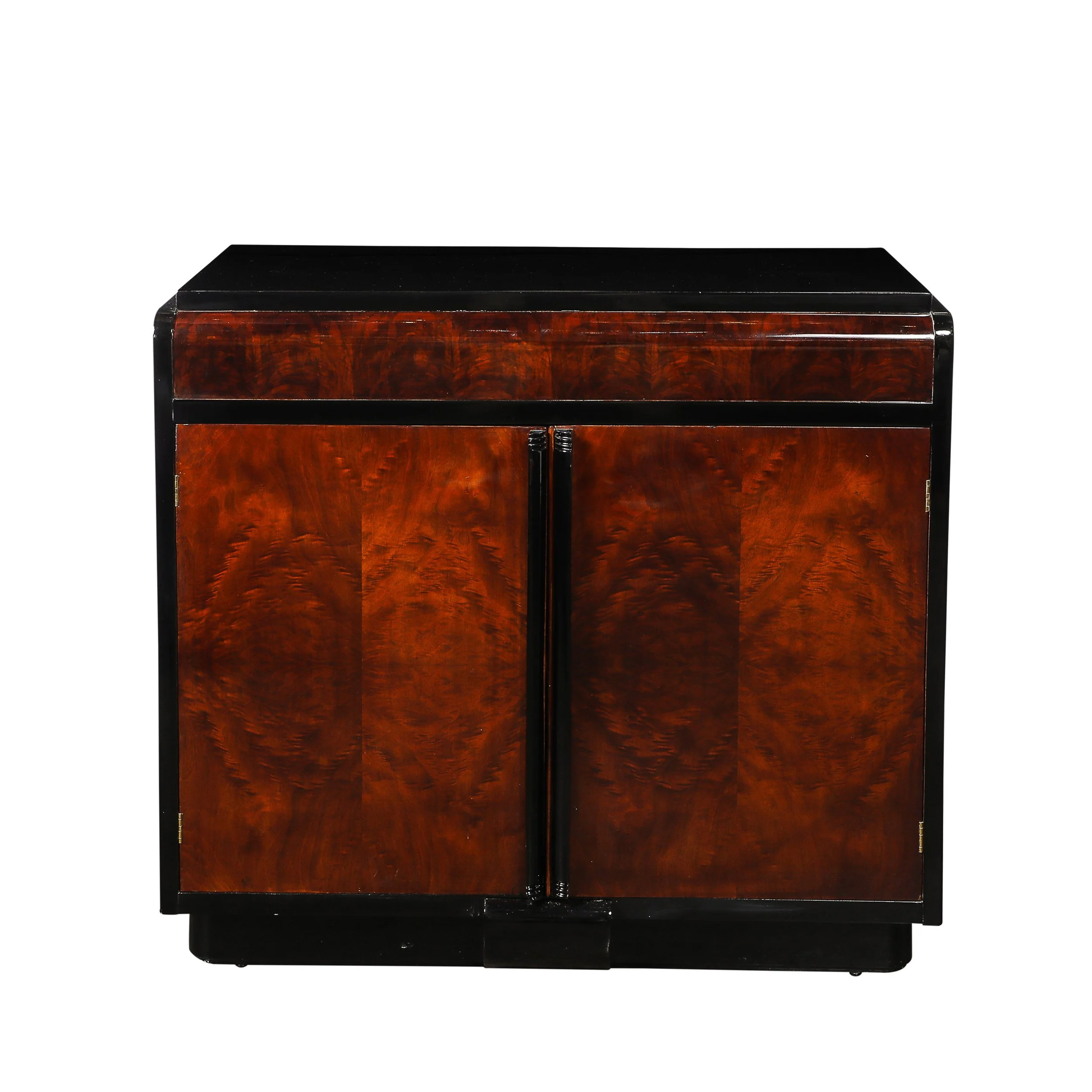 Art Deco Machine Age Waterfall Front Book-Matched Walnut & Black Lacquer Cabinet - High Style Deco.jpg