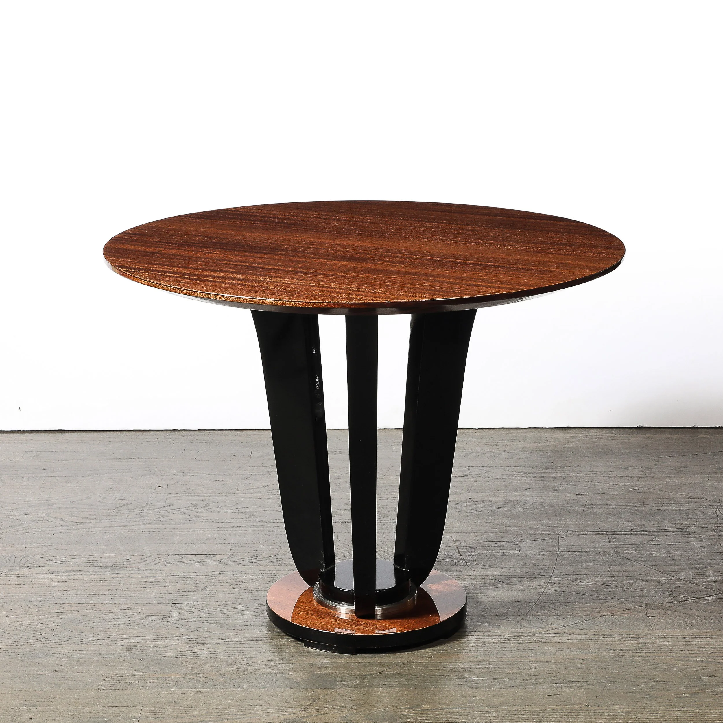 Art Deco Machine Age Bookmatched Walnut Gueridon Table w: Black Lacquer Supports - High Style Deco 2.jpg