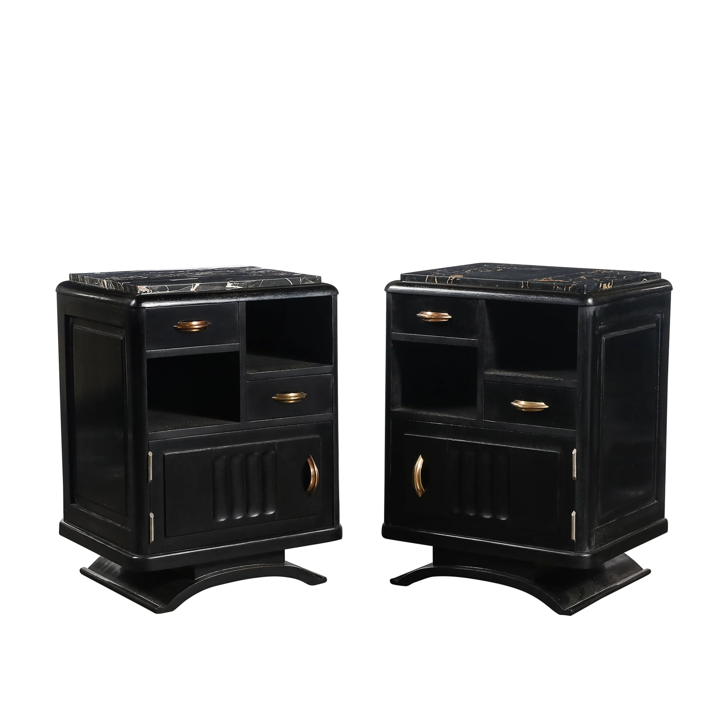 Art Deco Nightstands in Ebonized Walnut with Porto Marble Tops Bronze Pulls - High Style Deco.jpg
