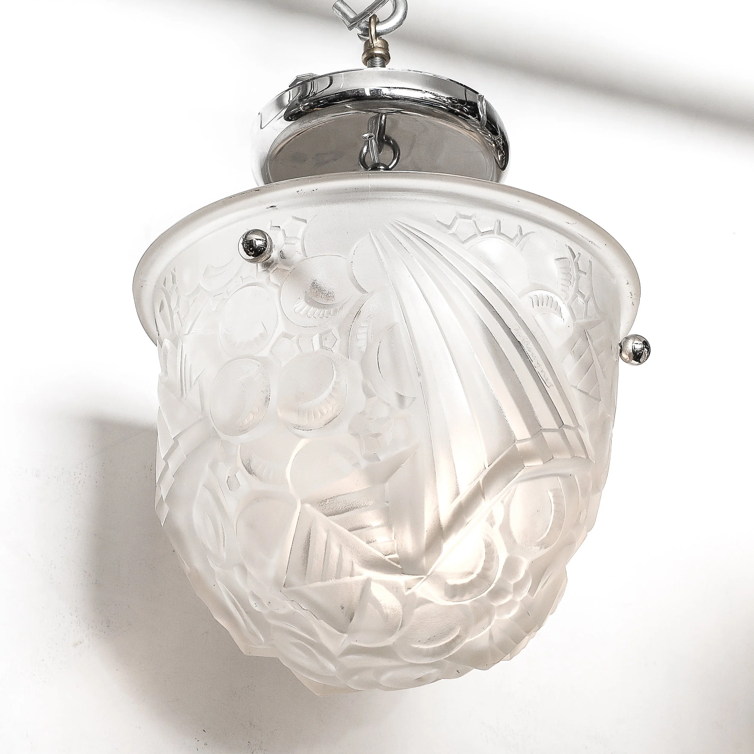 Art Deco Molded & Frosted Glass Pendant w: Cubist Detailing by Muller Freres - High Style Deco 1.jpg