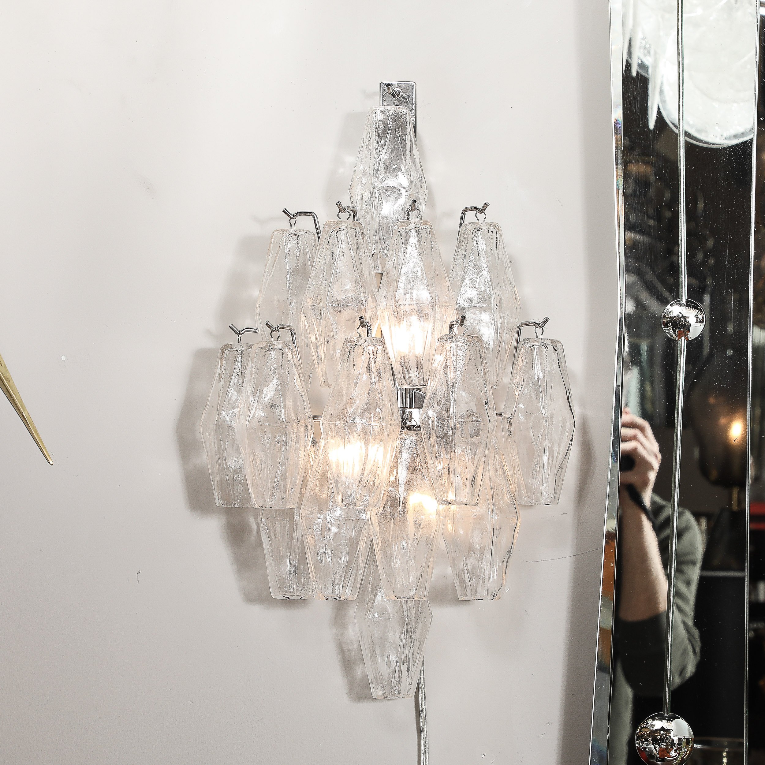 Pair of Modernist Hand-Blown Murano Glass Diamond Form Polyhedral Sconces - High Style Deco 4.jpg