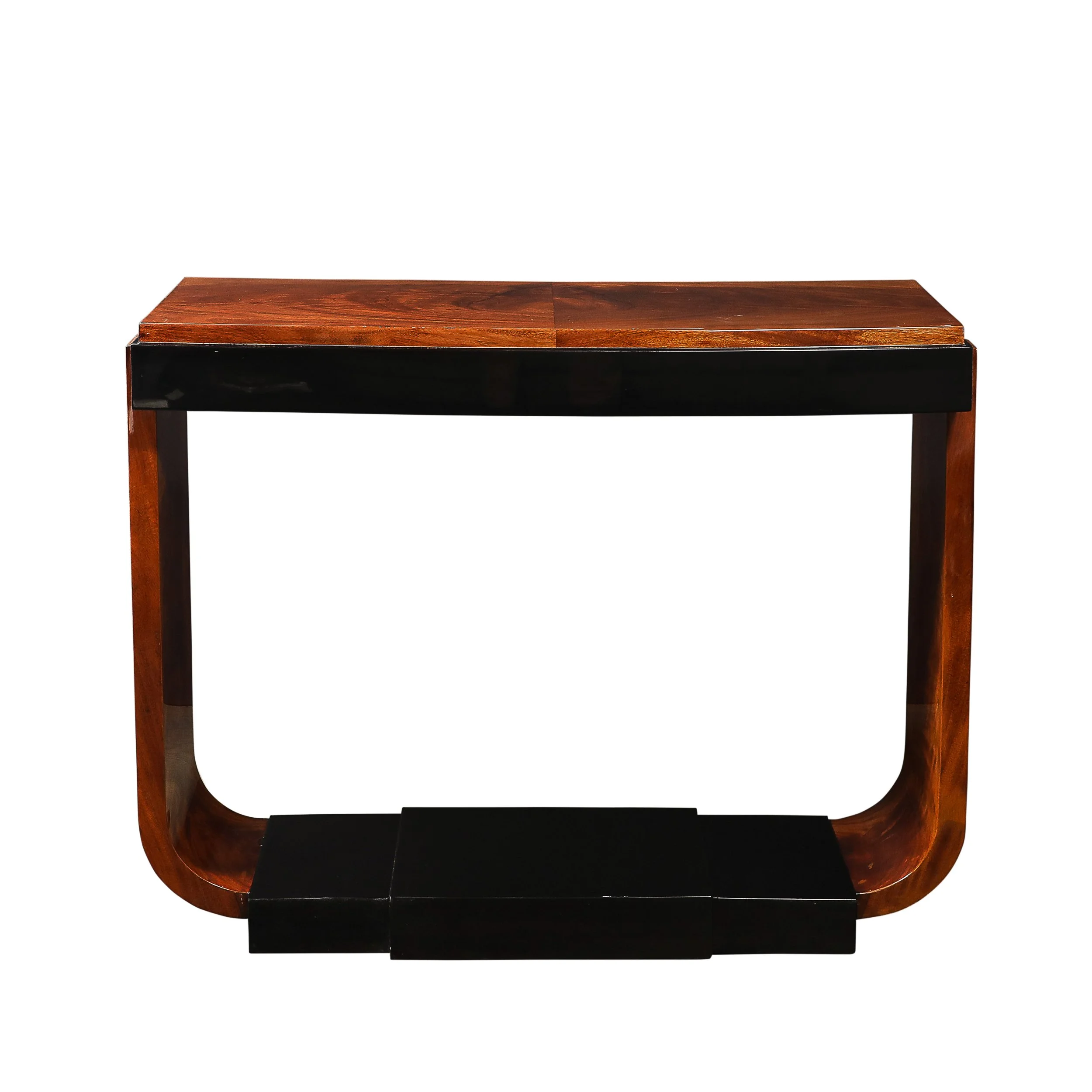Art Deco Machine Age Book-Matched Walnut w: Black Lacquer Accent Console Tables - High Style Deco 2.jpg