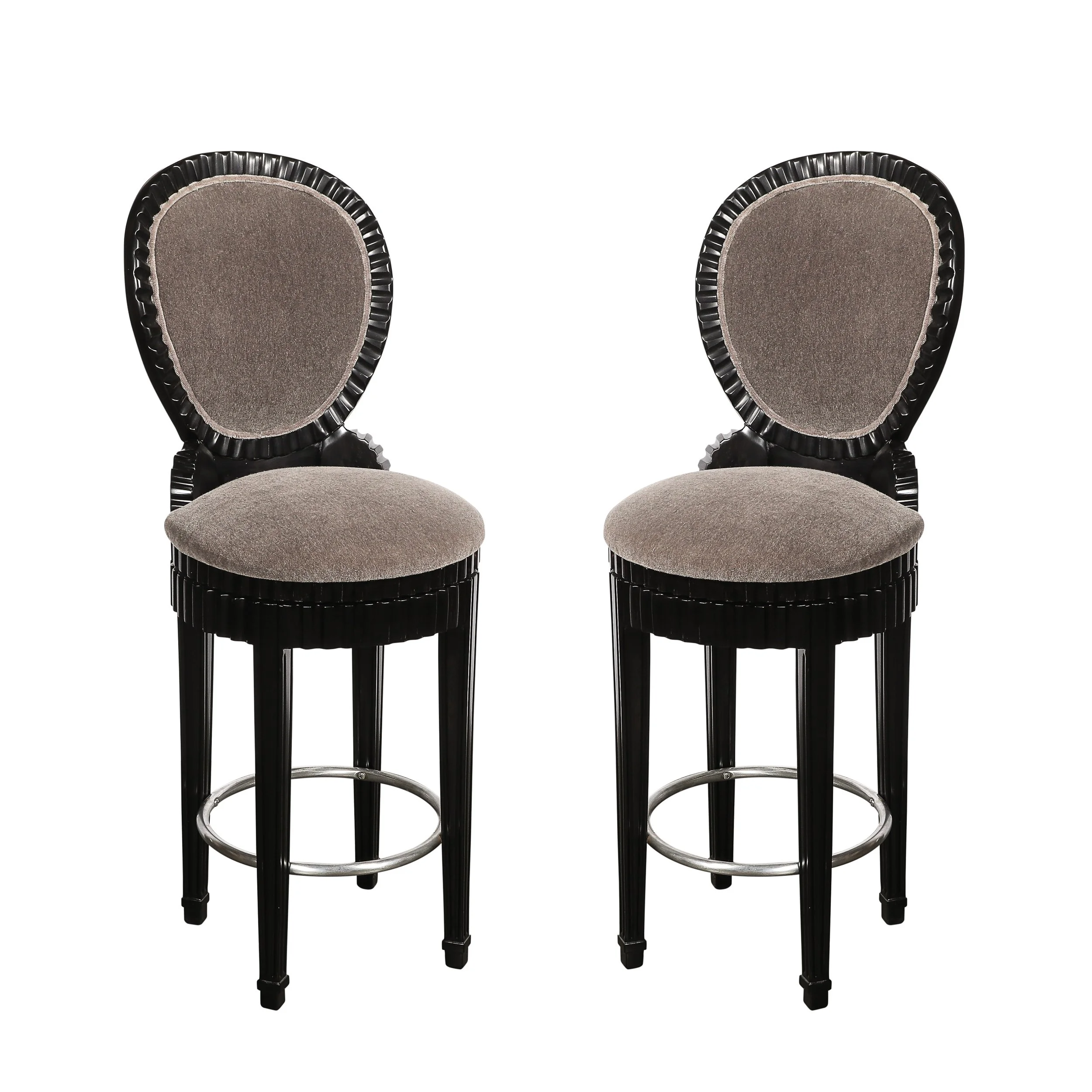 Art Deco Style Scalloped & Fluted Detailed Ebonized Walnut Swiveling Barstools