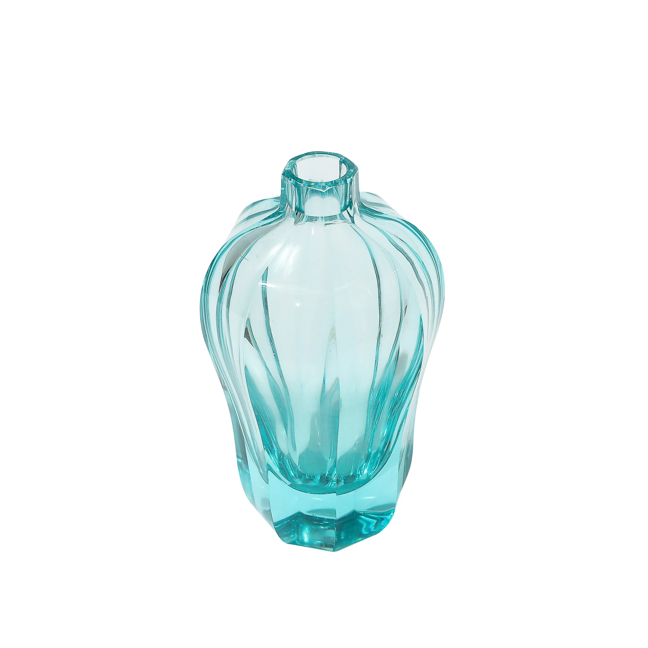 Art Deco Faceted Cut Crystal Vase in Aquamarine Hue signed Moser - High Style Deco.jpg