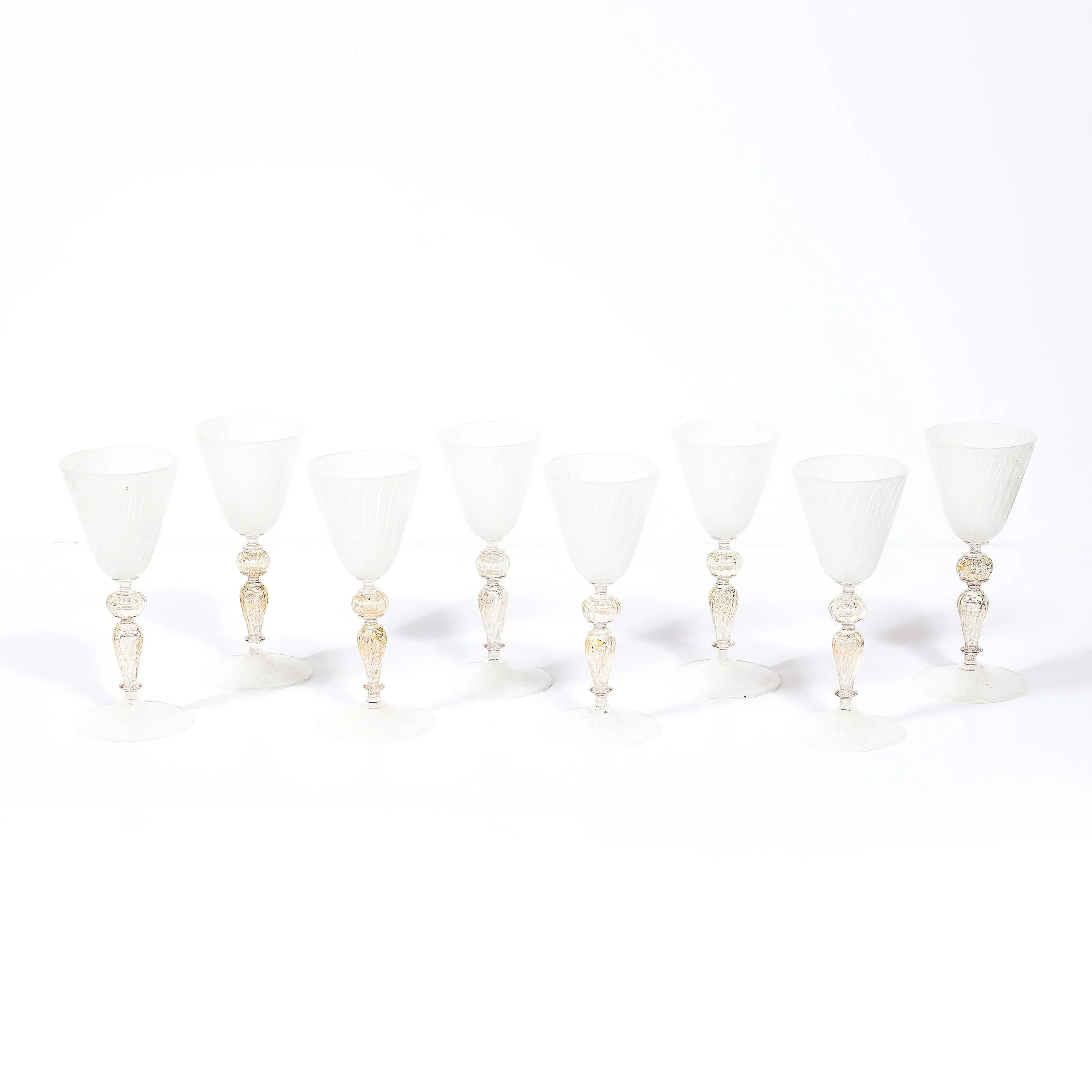 Set of 8 Antique Hand-Blown Latticino Murano Wine Glasses W:24K Gold by Salviati - High Style Deco 1.jpg