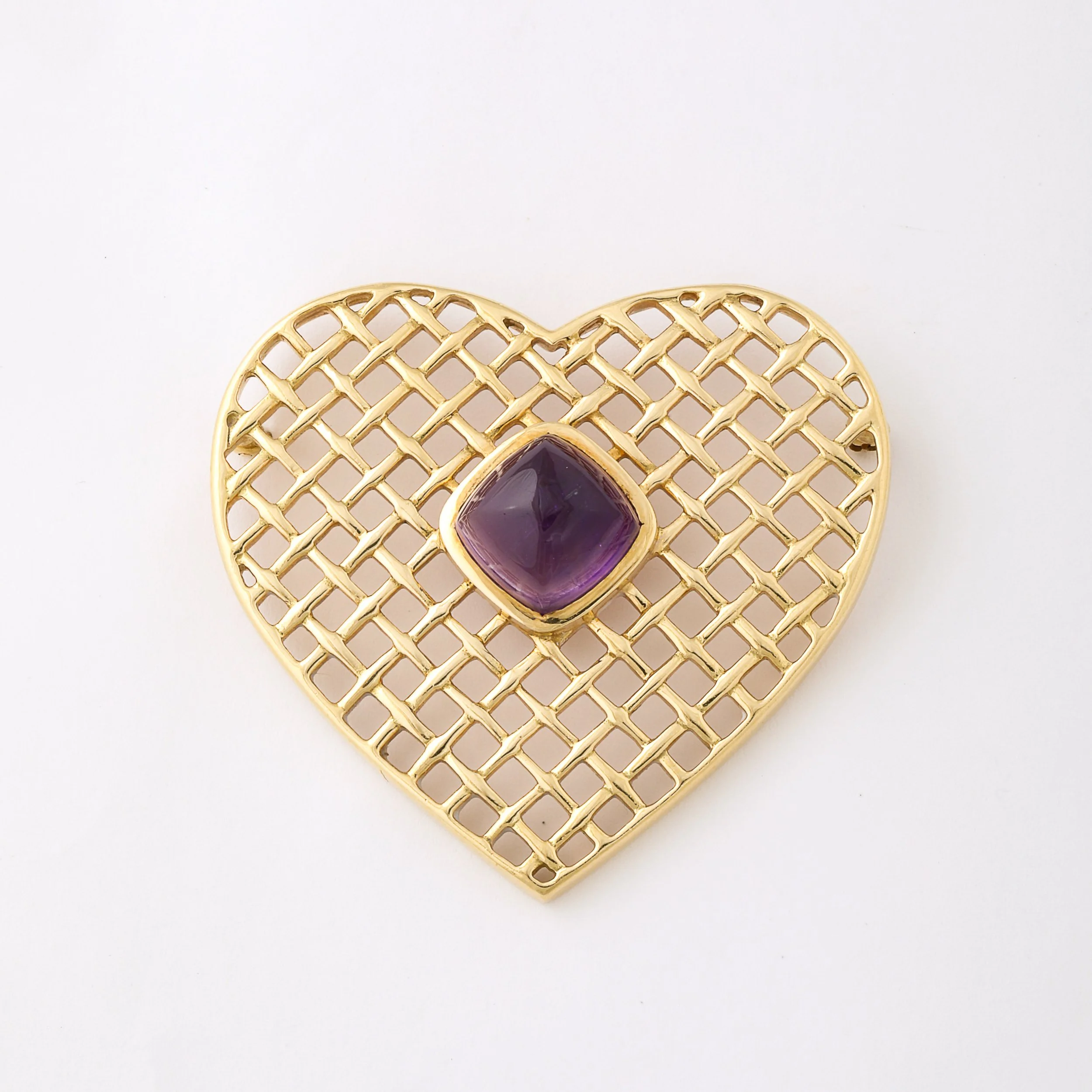 Retro 18K Gold Heart Form Woven Lacticework Brooch w: Cabachon by Tiffany & Co. - High Style Deco 9.jpg