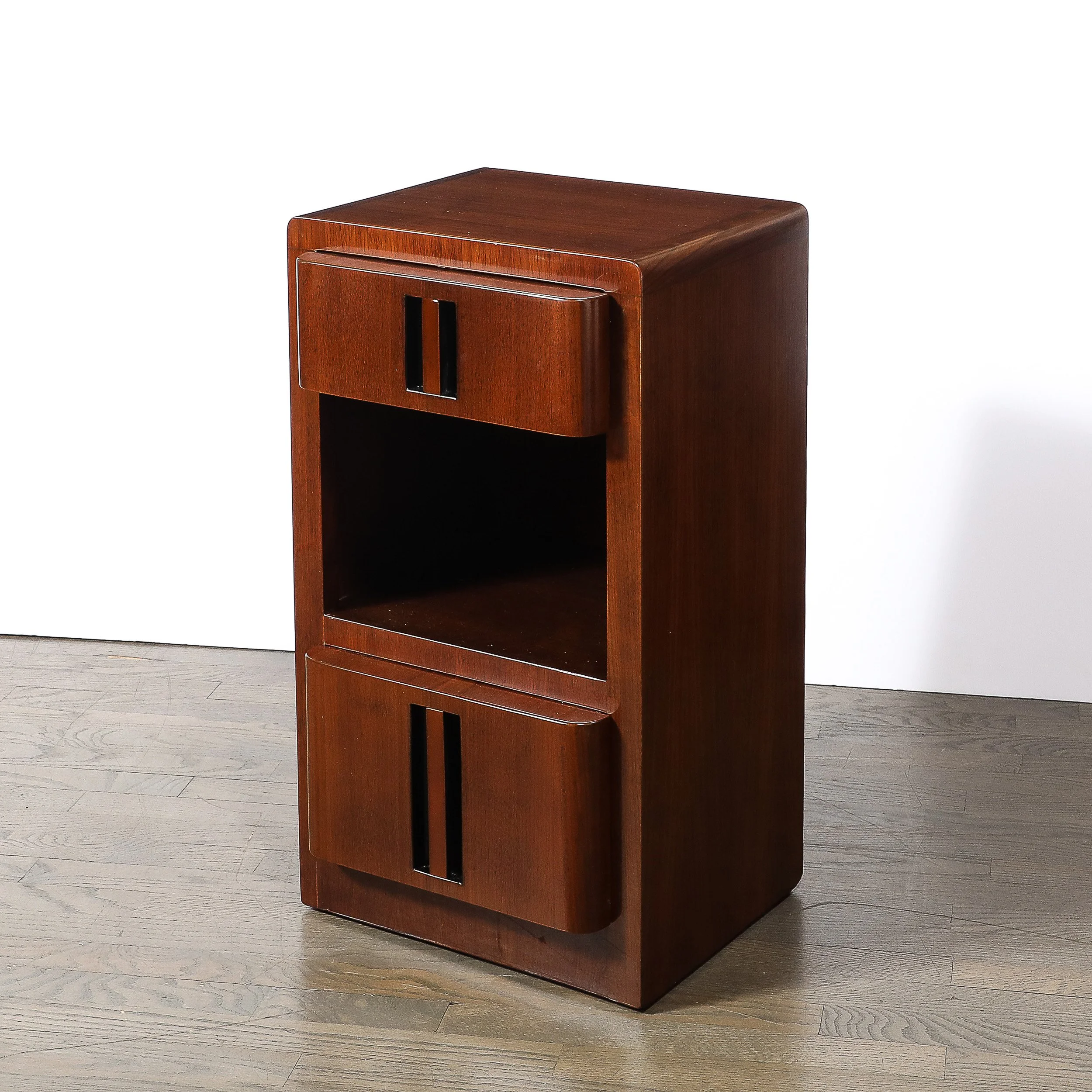 Pair of Art Deco Nightstands in Book-Matched Walnut with Black Lacquer Accents - High Style Deco 5.jpg