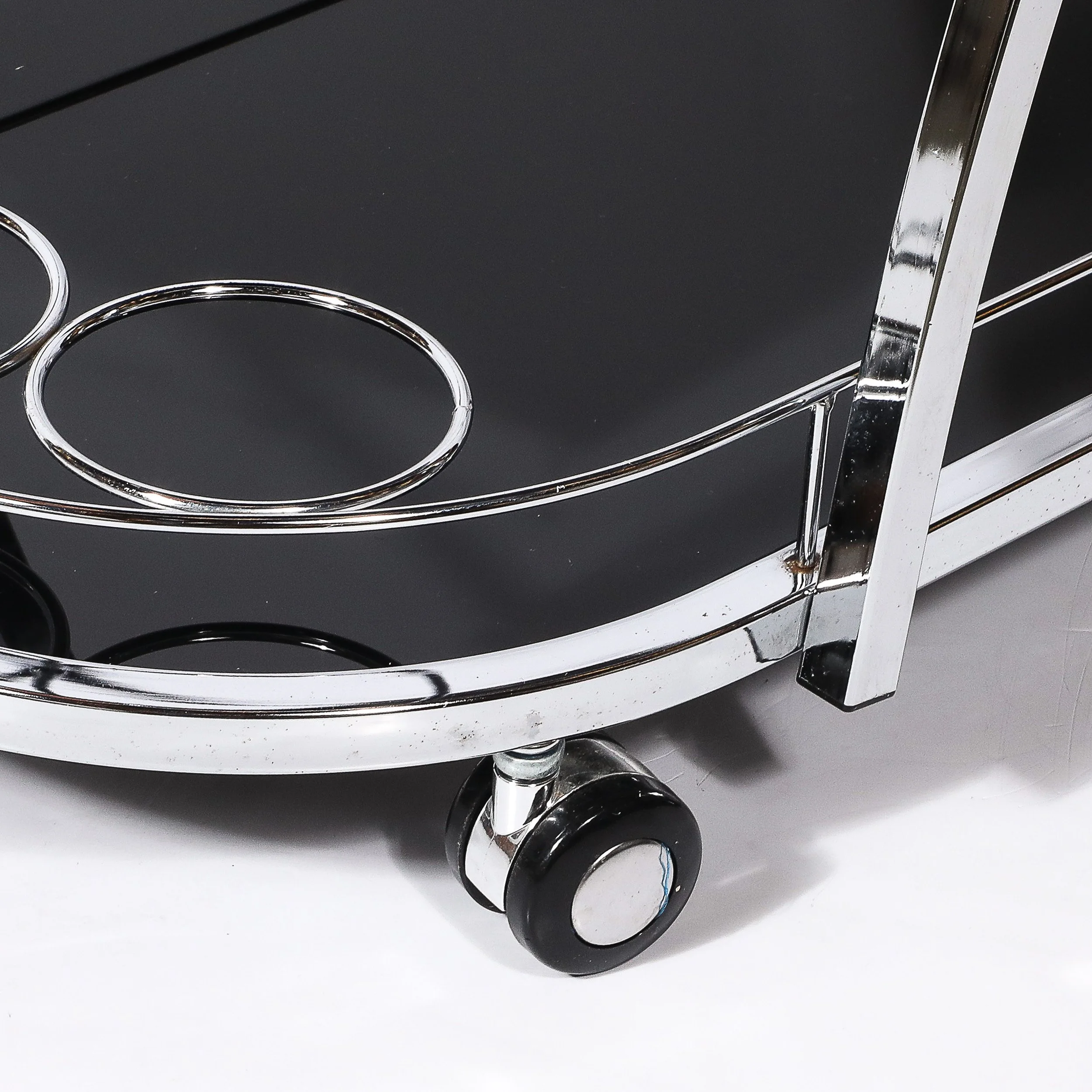 Art Deco Bullet Form Two-Tier Rolling Bar:Serving Cart in Vitrolite & Chrome - High Style Deco 13.jpg