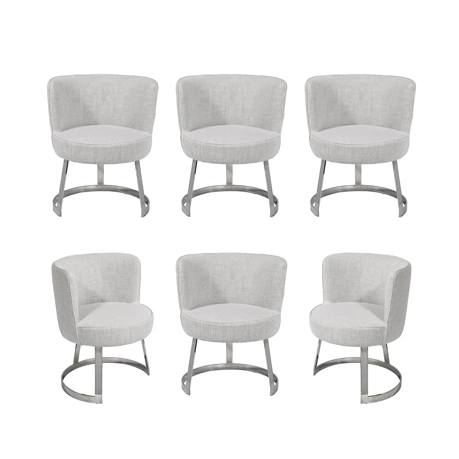 Set of 6 MidCentury Barrel Form Chrome Banded Dining Chairs in Holly Hunt Fabric by Milo Baughman