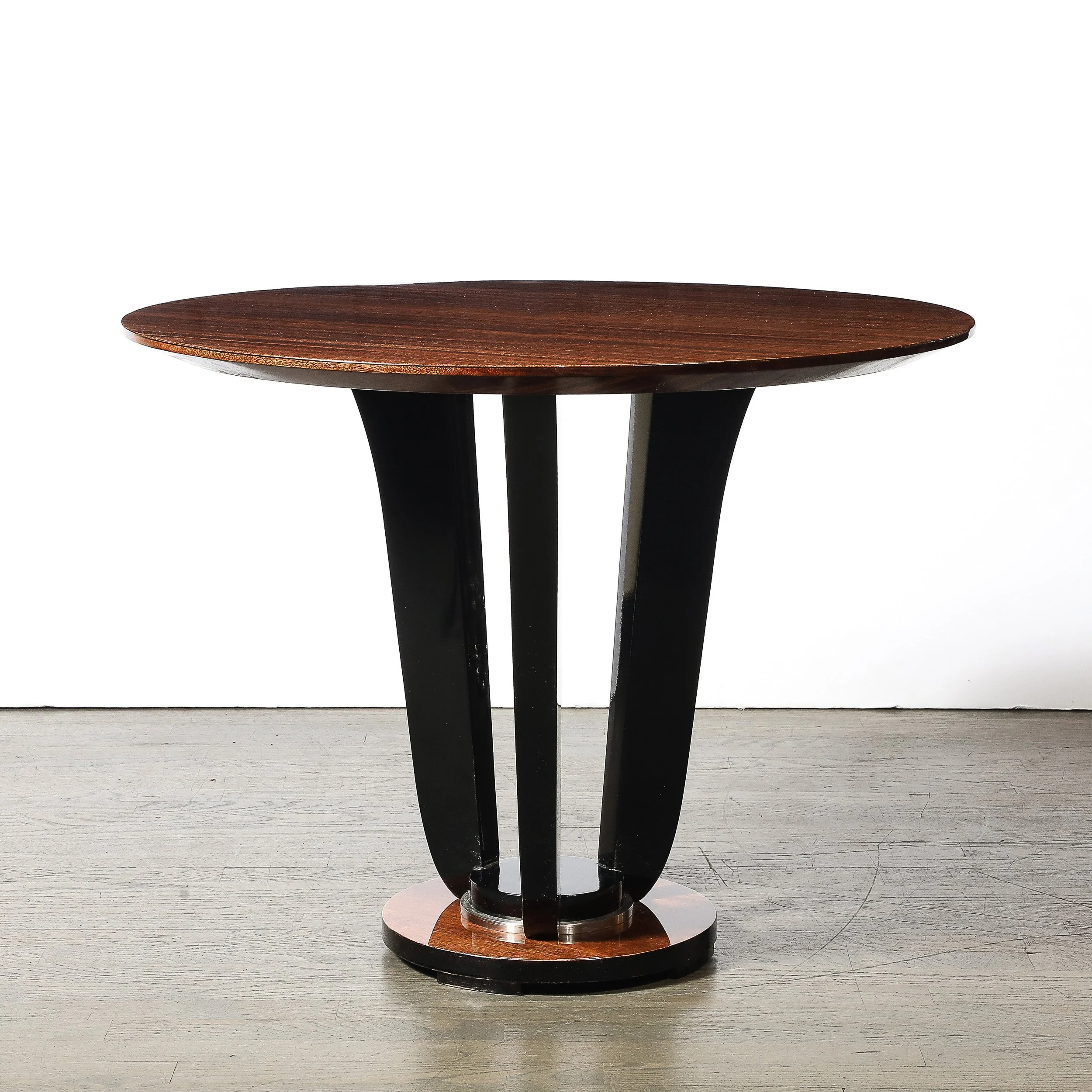 Art Deco Machine Age Bookmatched Walnut Gueridon Table w: Black Lacquer Supports - High Style Deco 1.jpg