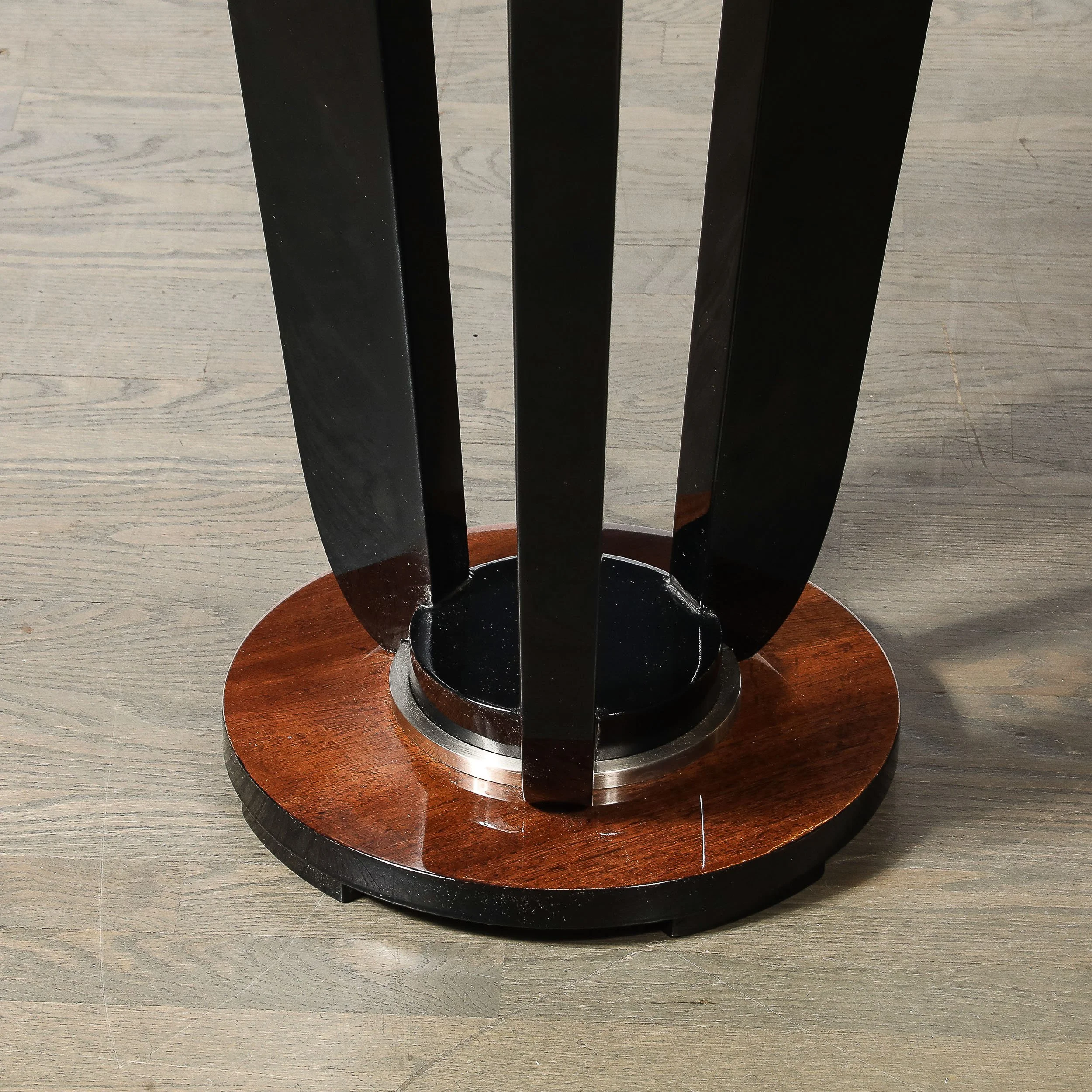 Art Deco Machine Age Bookmatched Walnut Gueridon Table w: Black Lacquer Supports - High Style Deco 8.jpg