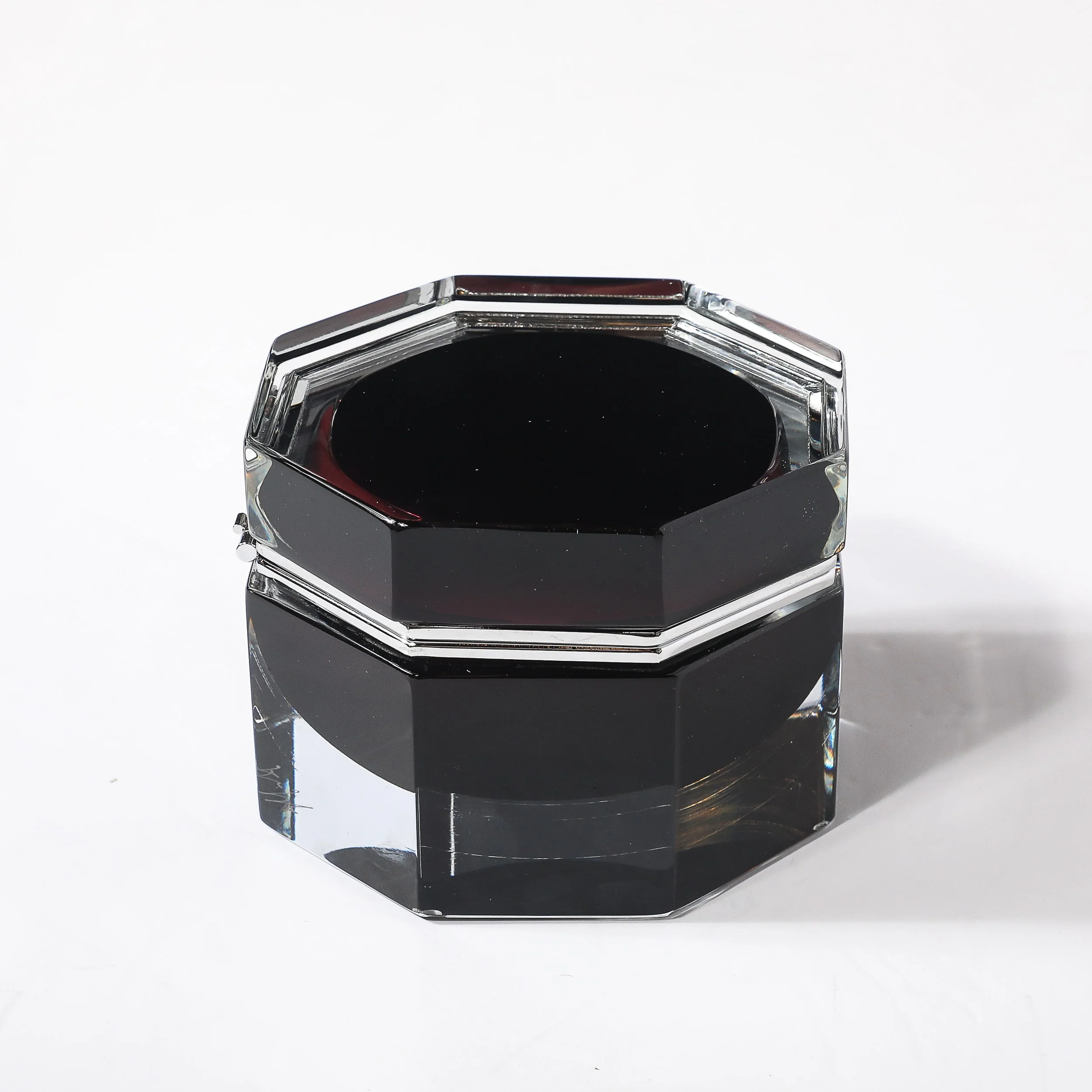Modernist Octagonal Hand-Blown Blackened Garnet Murano Glass Box w: Nickel - High Style Deco 8.jpg
