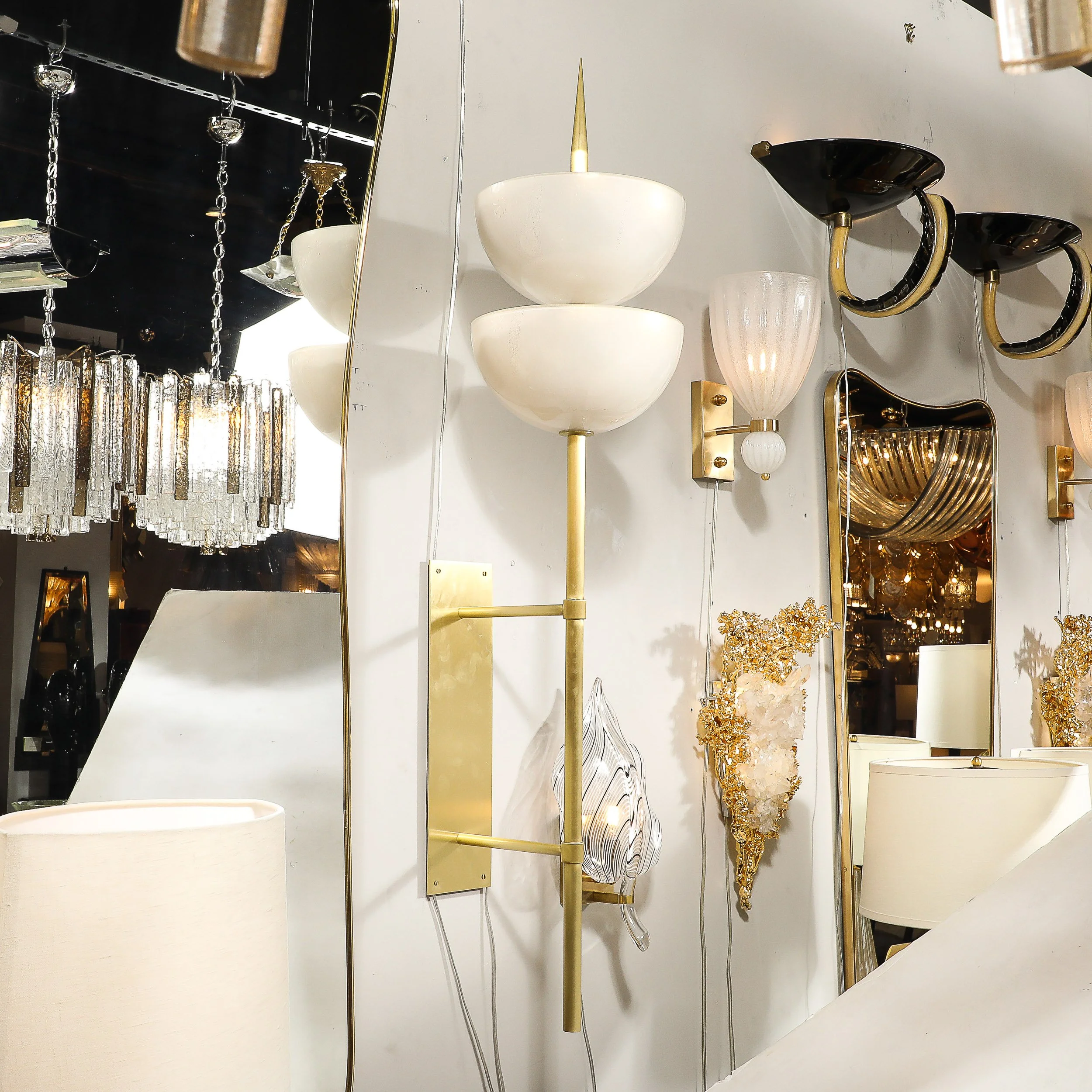 Modernist Hand-Blown Murano Glass Reverse Dome Form Brushed Brass Sconces - High Style Deco 19.jpg