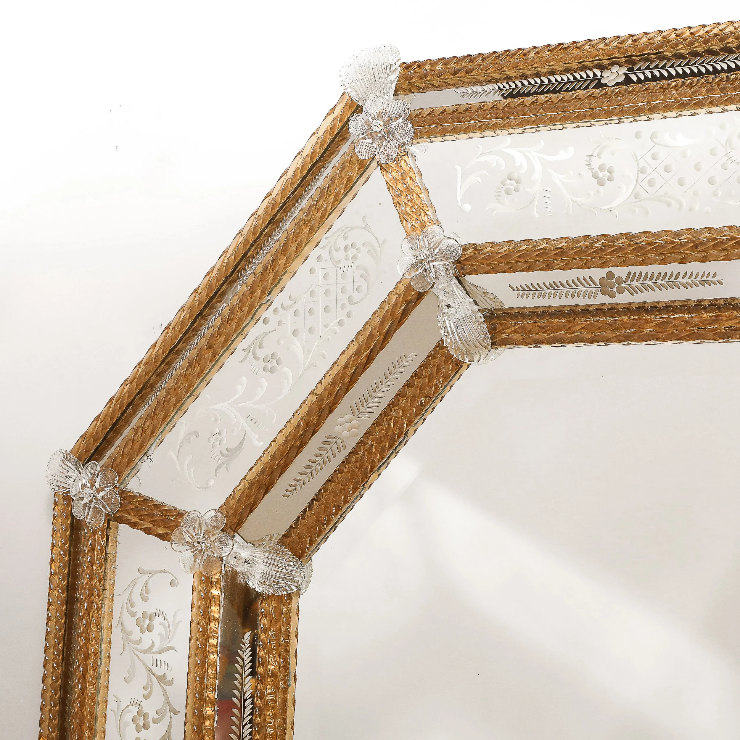 Mid-Century Octagonal Amber Glass & Transparent Floret Venetian Glass Mirror - High Style Deco 4.jpg